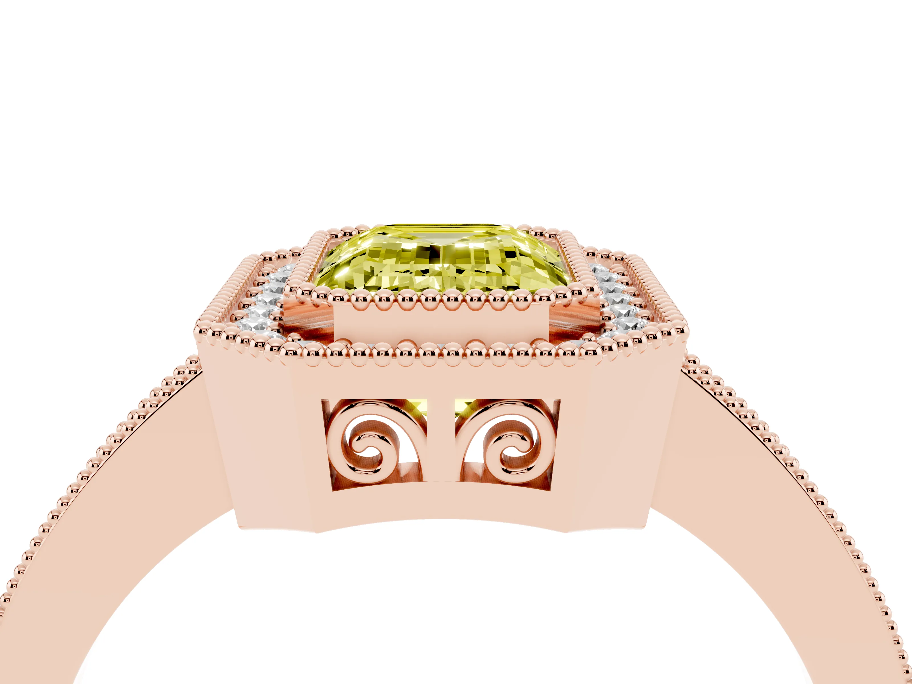 Fancy Yellow Emerald Cut Diamond Round Halo Ring Set in Rose gold with Pavé Band