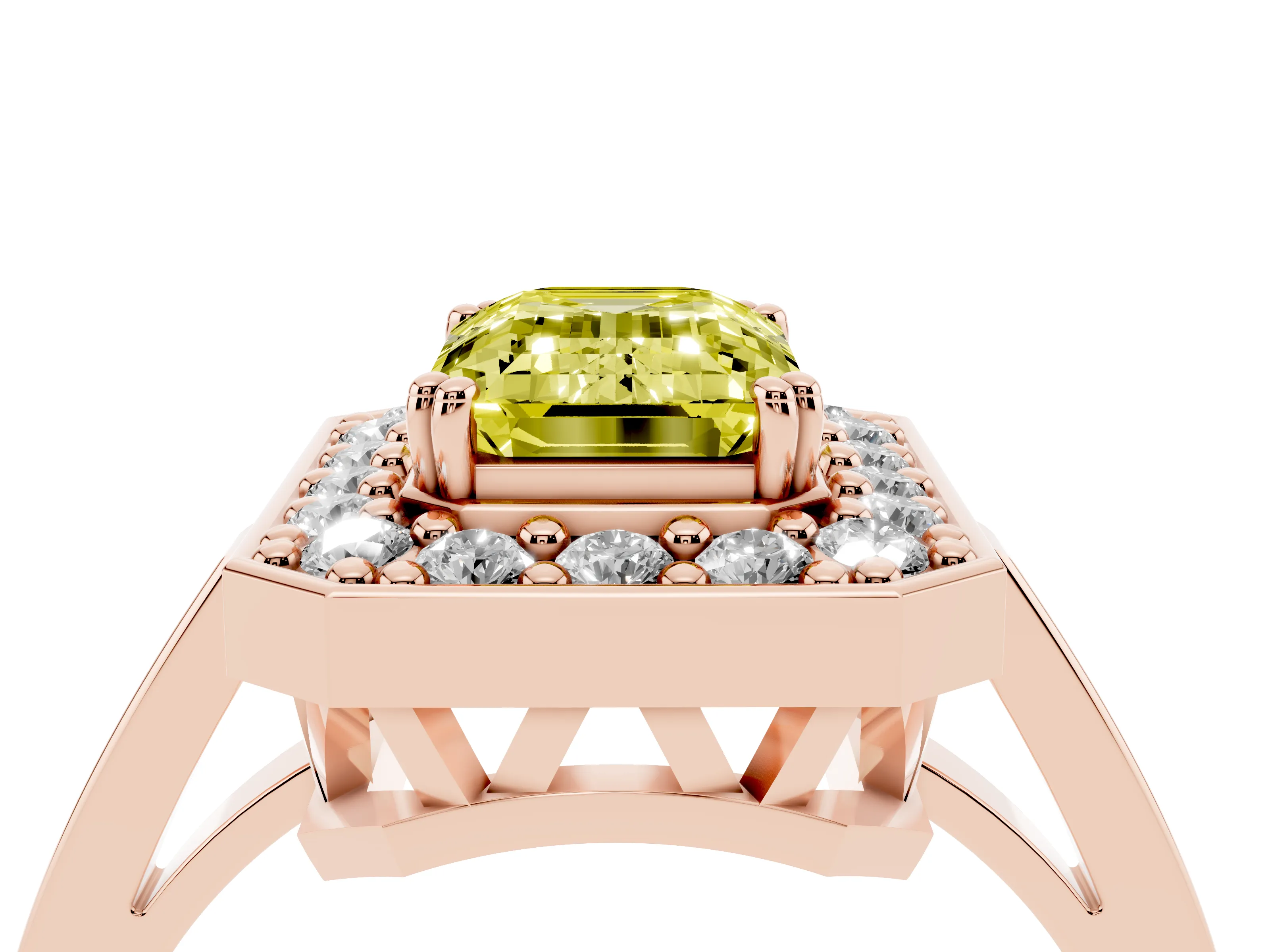 Fancy Yellow Emerald Cut Diamond Halo Ring Set in Rose gold with Accent-Lined Split Shank and Prong Setting
