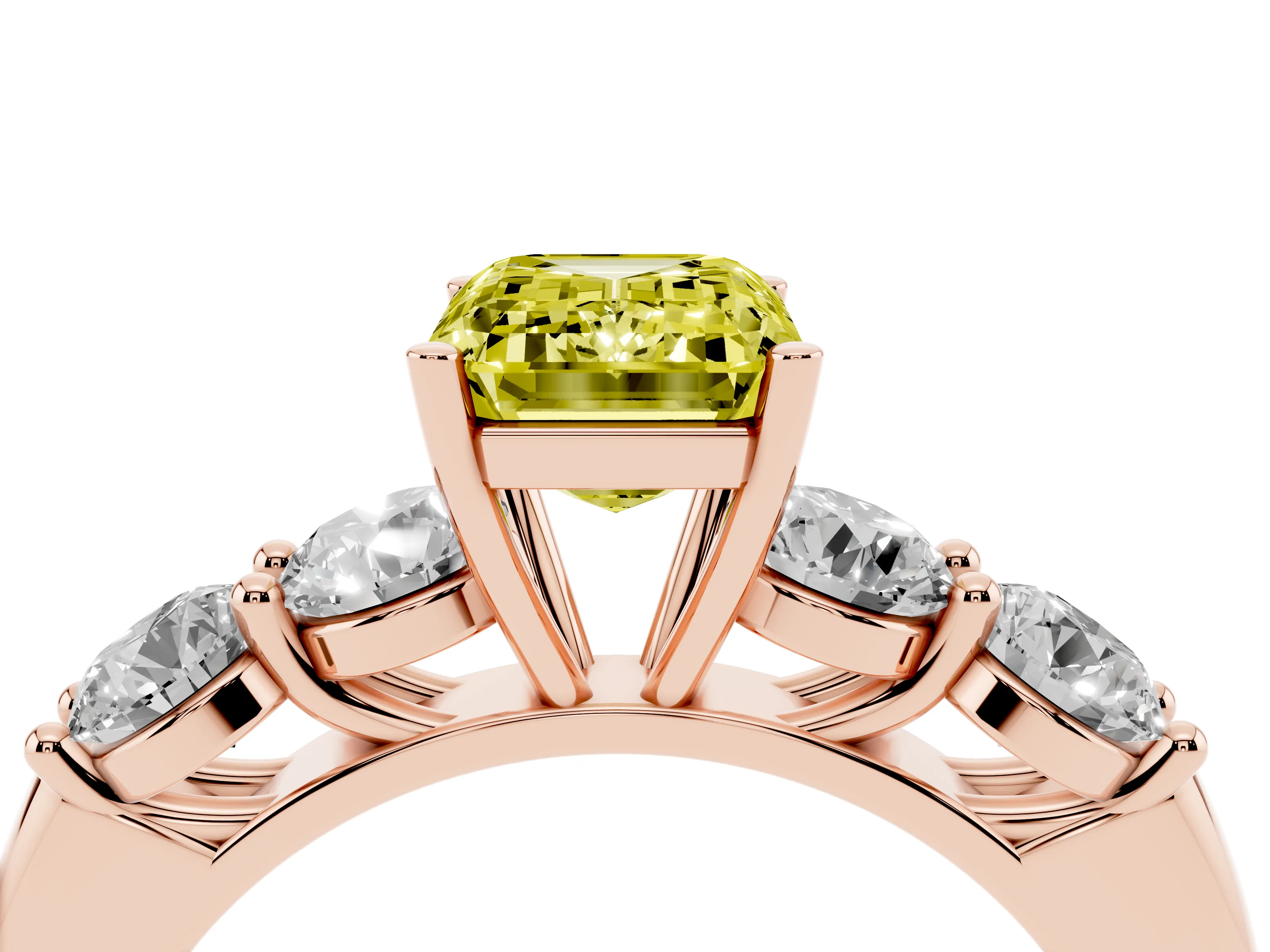 Fancy Yellow Emerald Cut Diamond Five-Stone Prong Set Ring Set in Rose gold with Classic Band