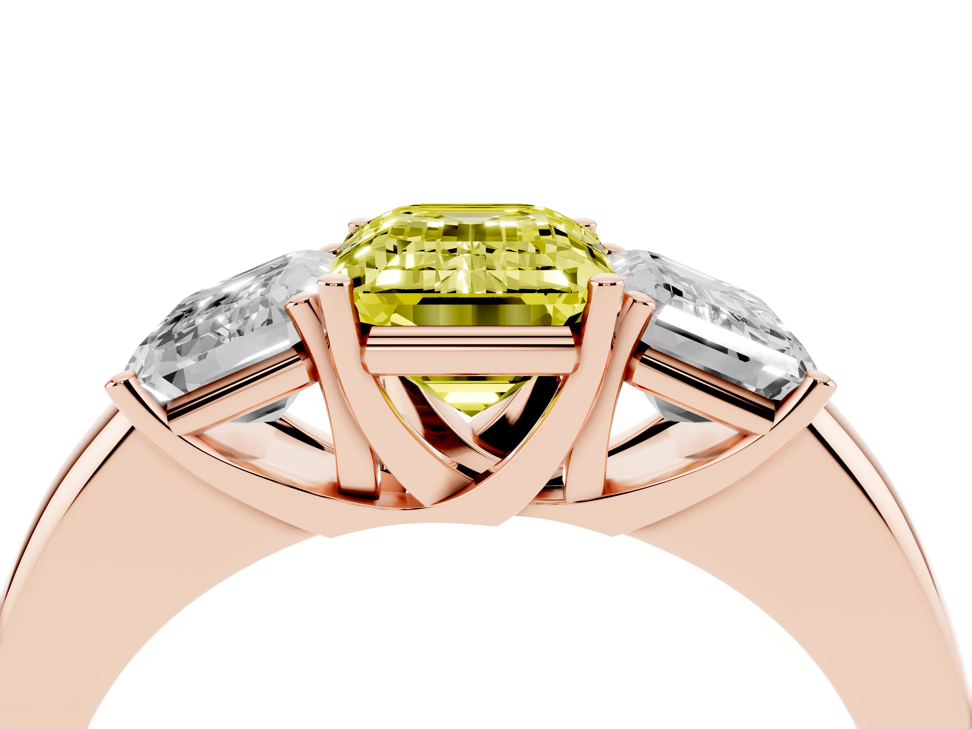 Fancy Yellow Emerald Cut Diamond Three-Stone Ring Set in Rose gold with Bold Center and Classic Band