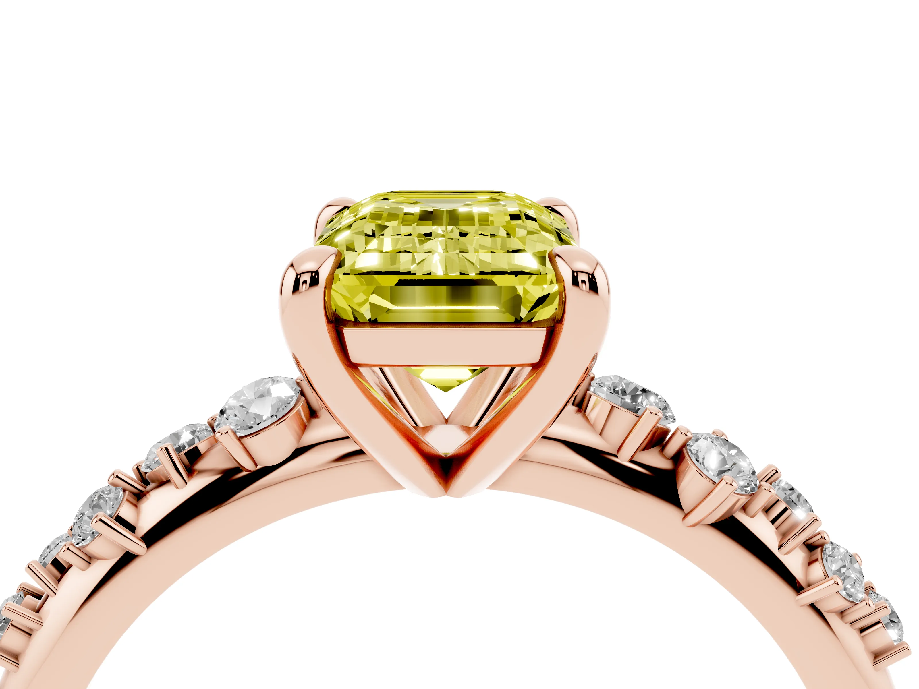 Fancy Yellow Emerald Cut Diamond Solitaire Vine Band Ring Set in Rose gold with Round Accents and Prong Setting