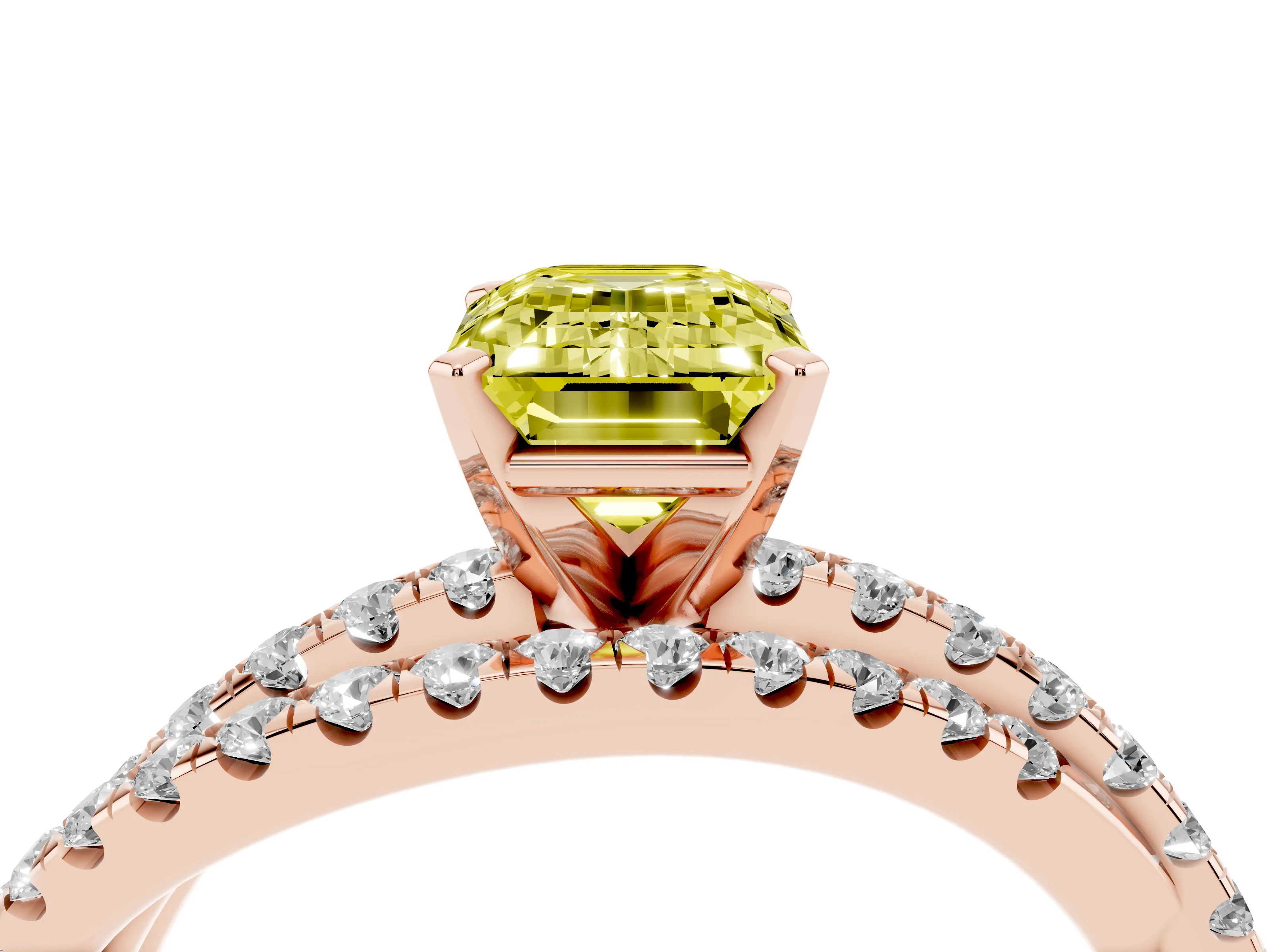 Fancy Yellow Emerald Cut Diamond Solitaire Twist Band Ring Set in Rose gold with Pavé Setting and Prong Head