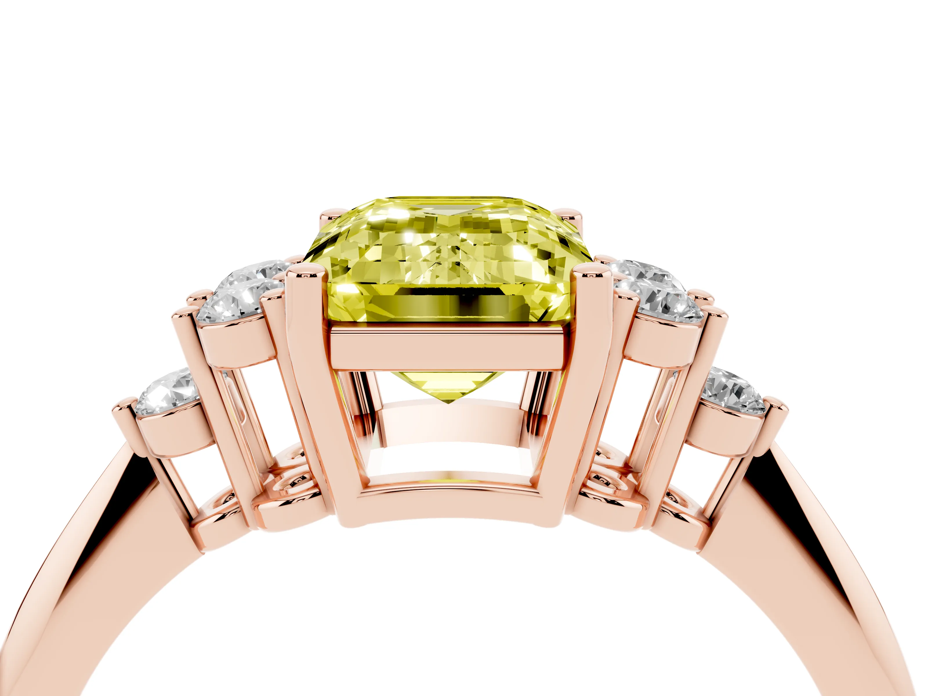 Fancy Yellow Emerald Cut Diamond Cluster Ring Set in Rose gold with Plain Band and Prong Setting