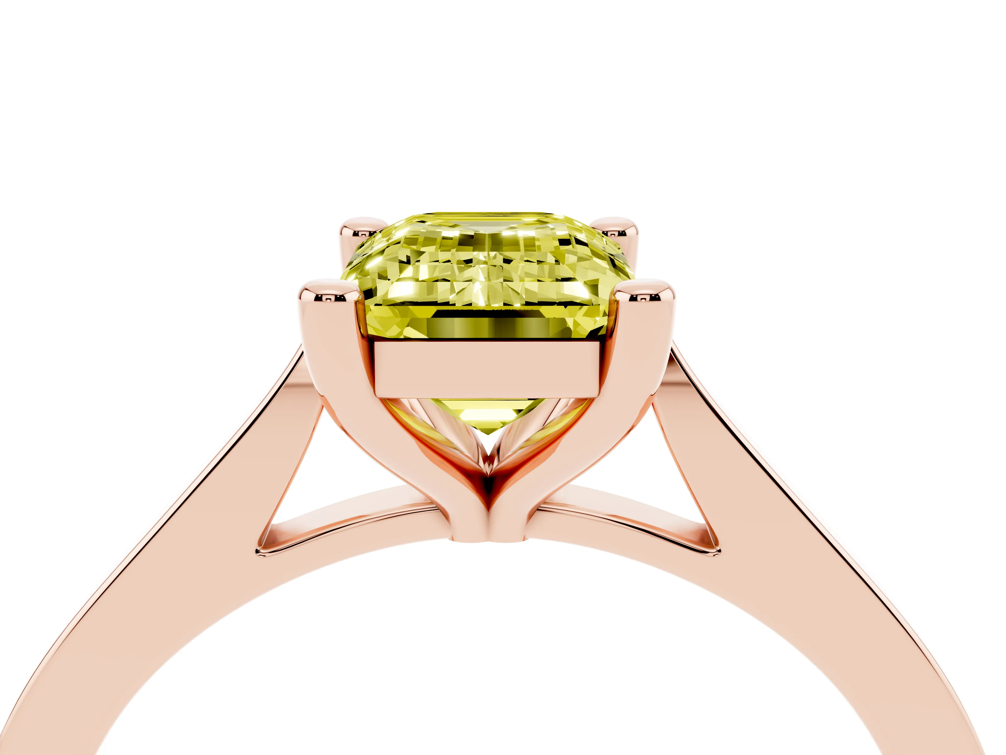 Fancy Yellow Emerald Cut Diamond Solitaire Ring Set in Rose gold with Prong Setting and Tapered Band