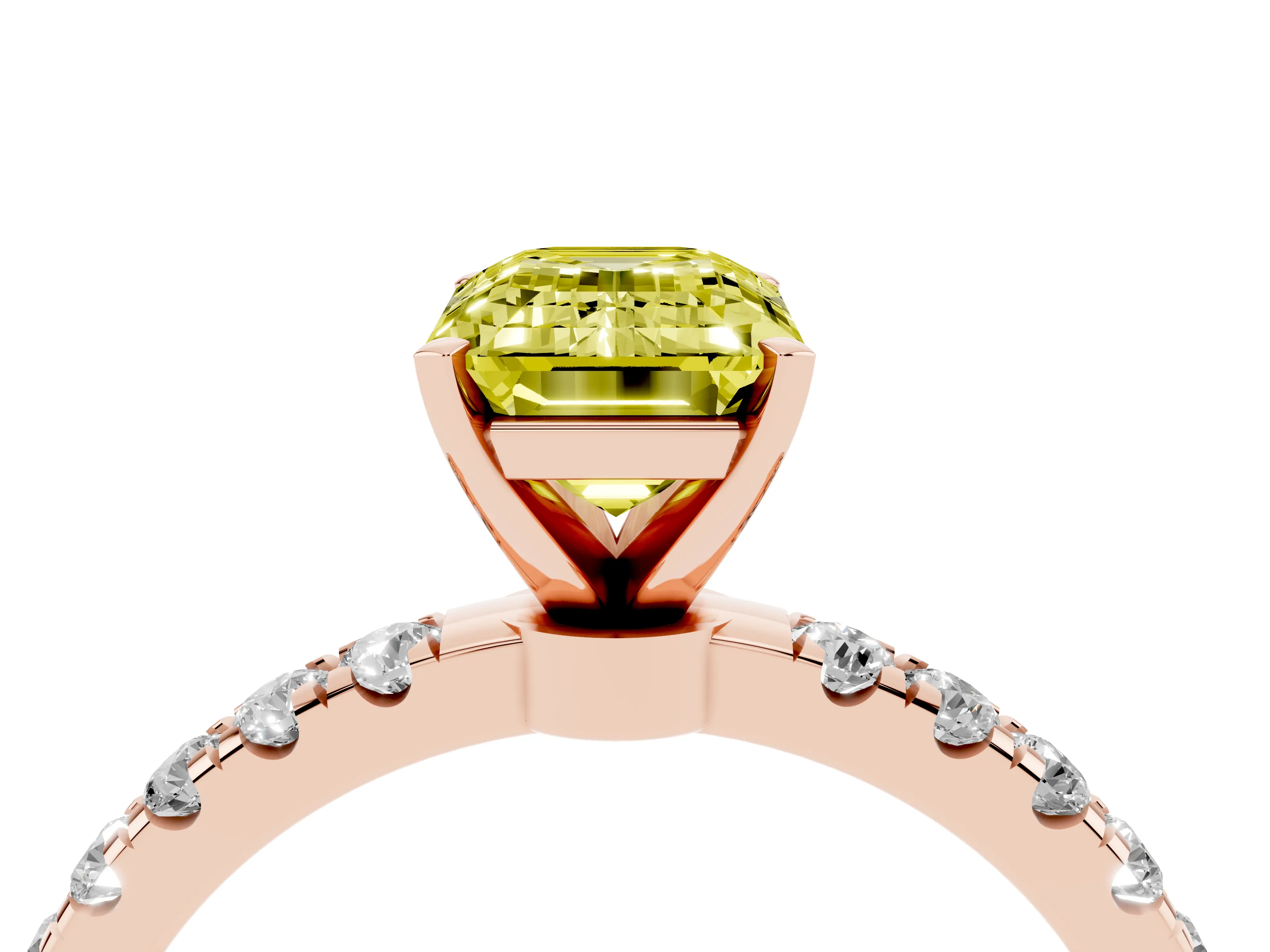 Fancy Yellow Emerald Cut Diamond Solitaire Ring Set in Rose gold with Pavé Accents and Prong Setting