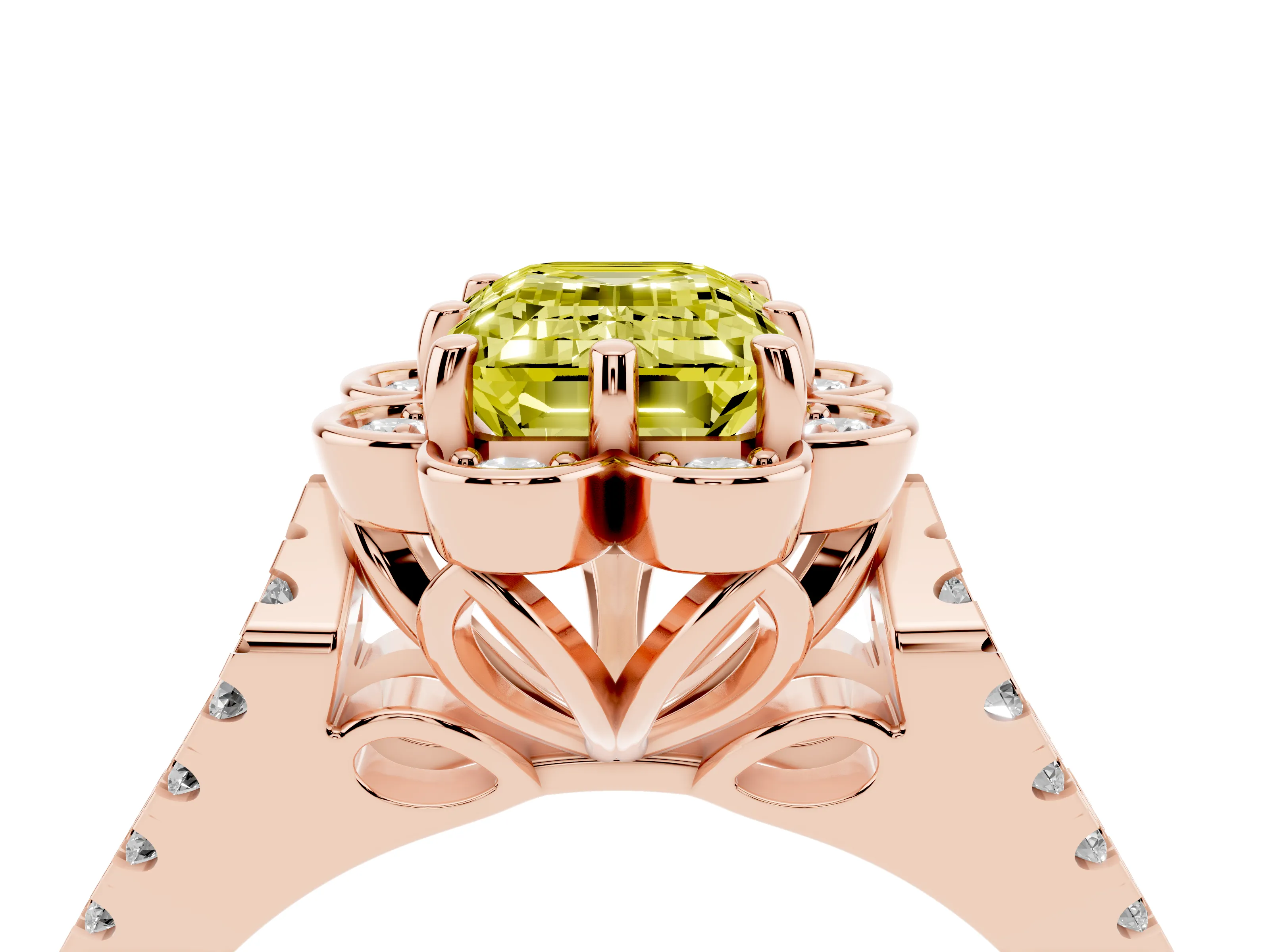 Fancy Yellow Emerald Cut Diamond Floral Halo Split Shank Engagement Ring Set in Rose gold with Pavé Shank