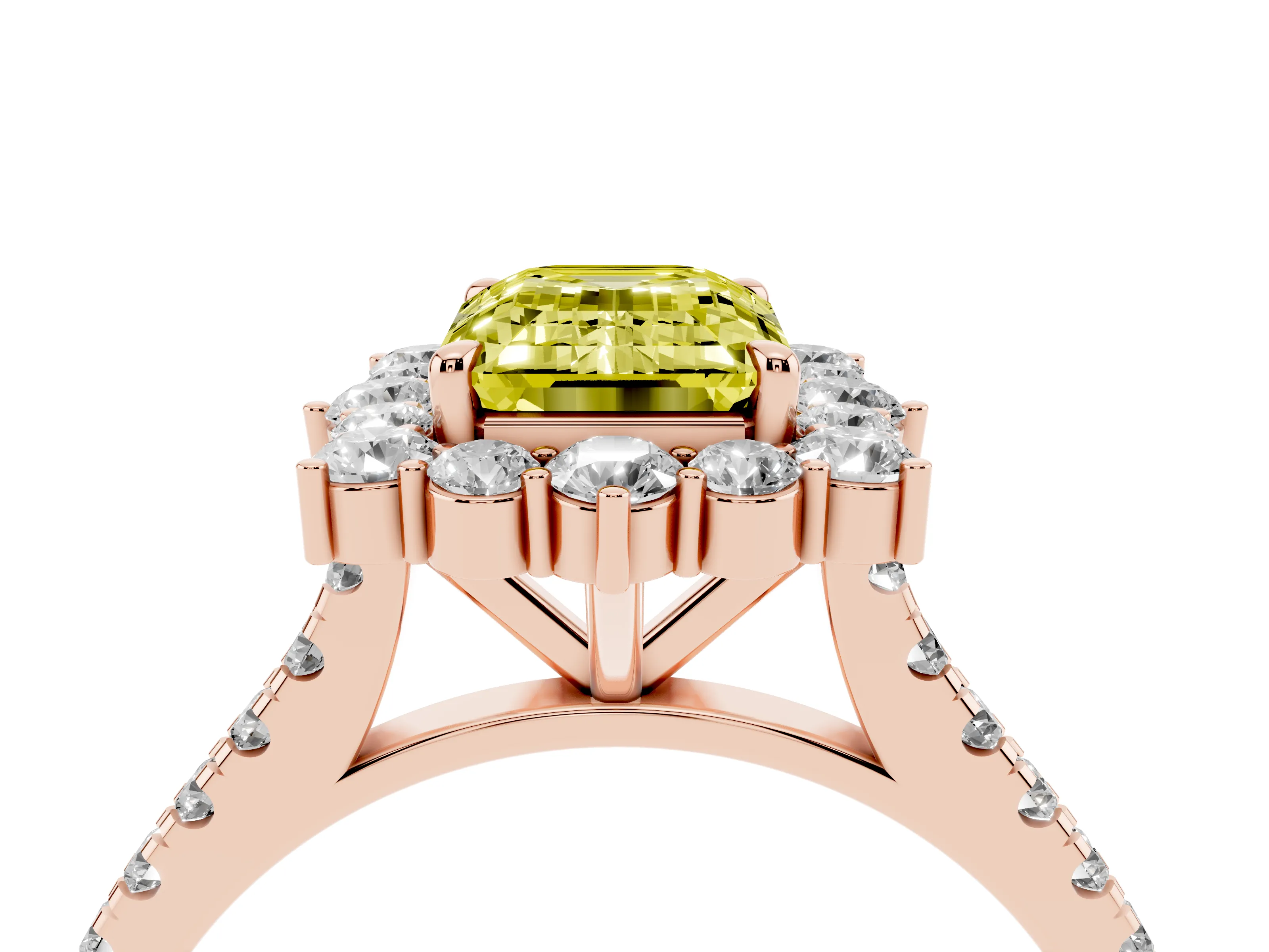 Fancy Yellow Emerald Cut Diamond Halo Ring Set in Rose gold with Pavé Band and Prong Setting