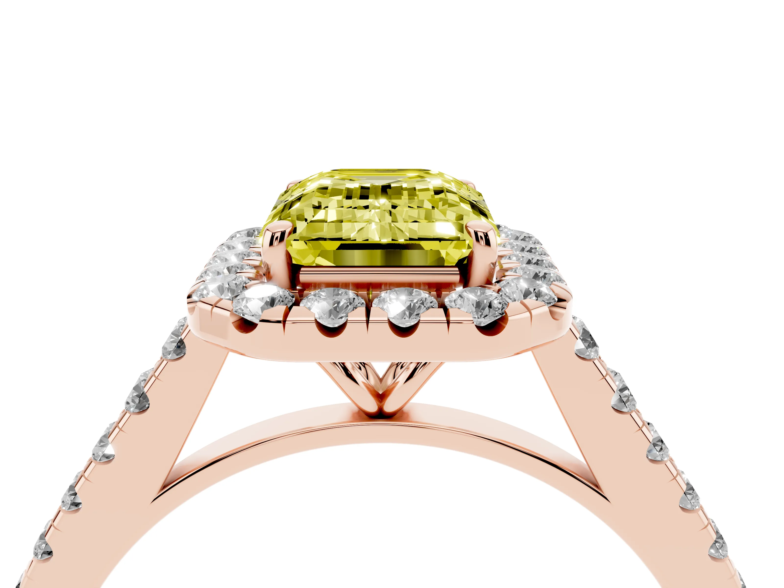 Fancy Yellow Emerald Cut Diamond Halo Pavé Engagement Ring Set in Rose gold with Prong Setting