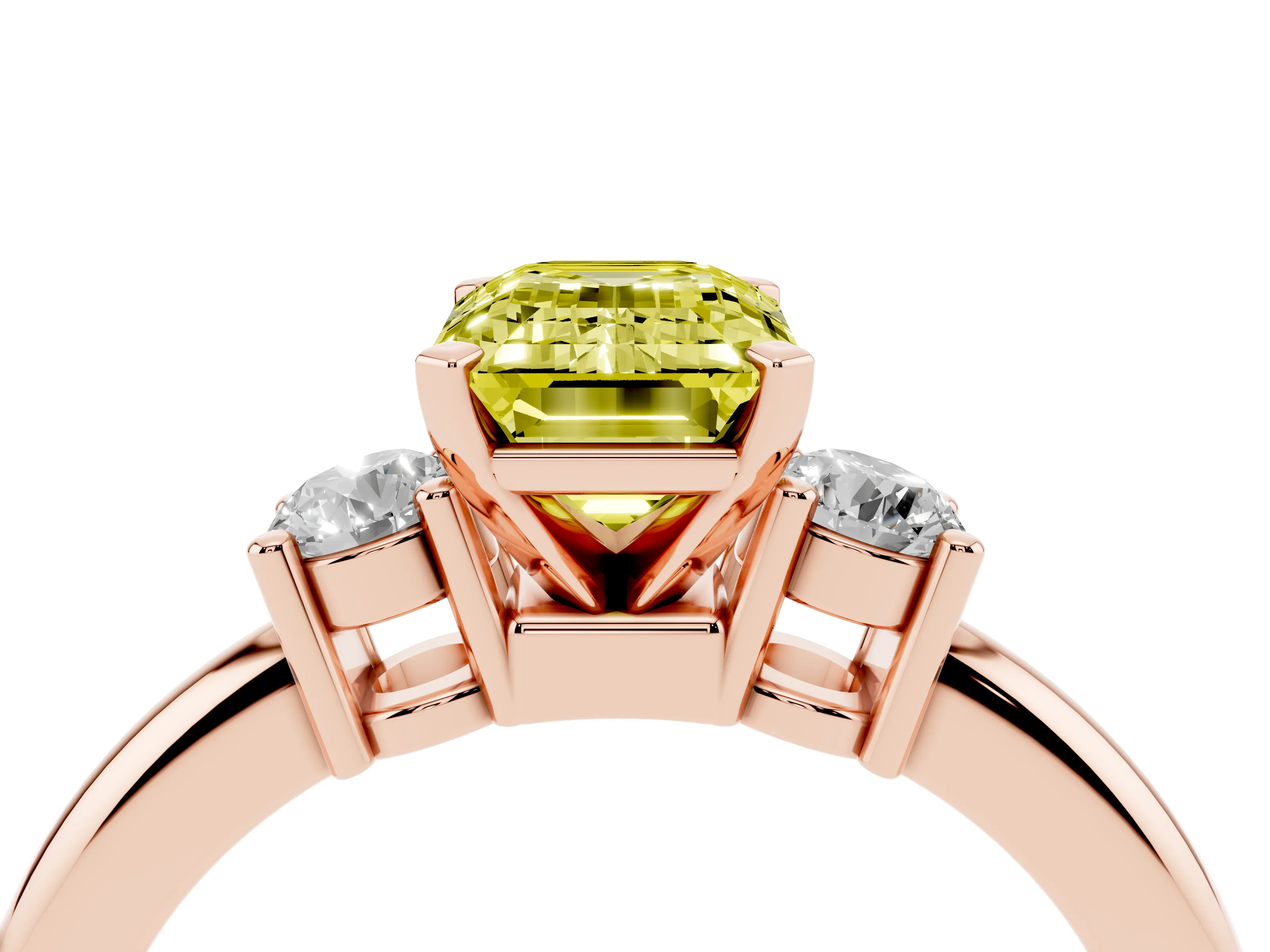 Fancy Yellow Three-Stone Emerald Cut Diamond Ring Set in Rose gold with Prong Setting and Plain Band