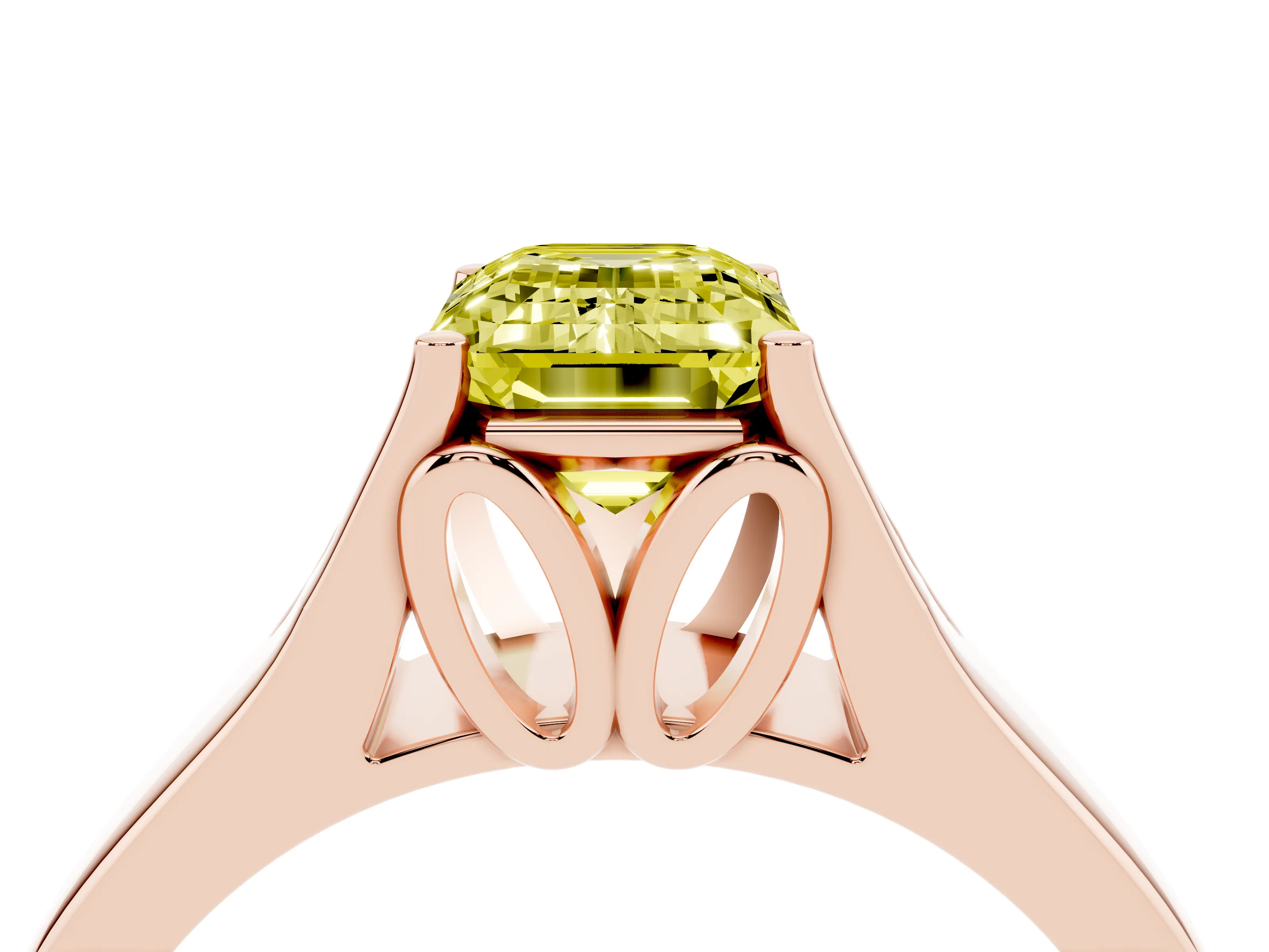 Fancy Yellow Emerald Cut Diamond Solitaire Ring Set in Rose gold with Arched Cathedral Band and Prong Setting
