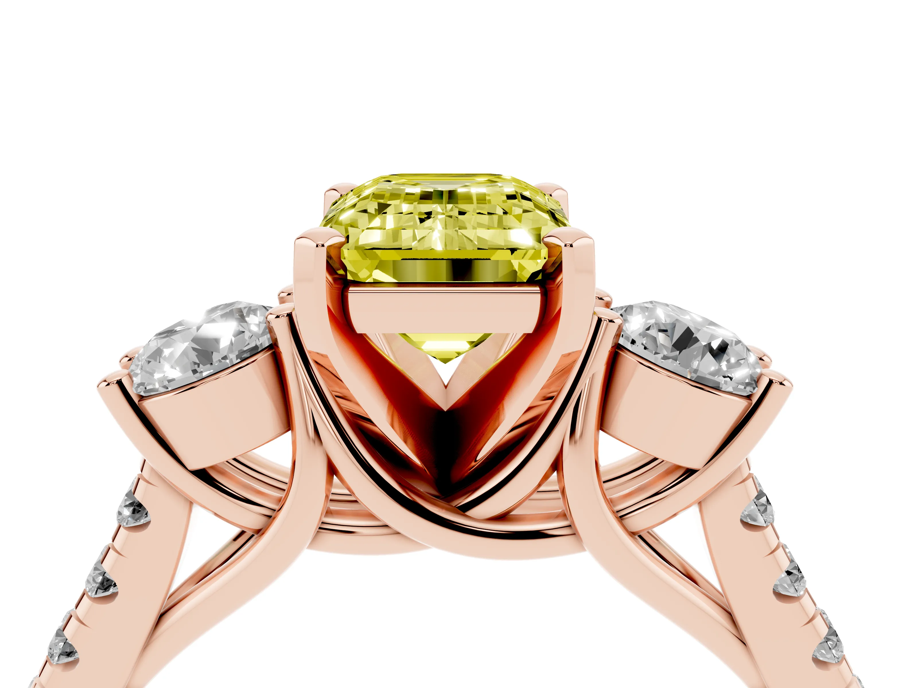 Fancy Yellow Three-Stone Emerald Cut Diamond Pavé Band Ring Set in Rose gold with Prong-Set Trio