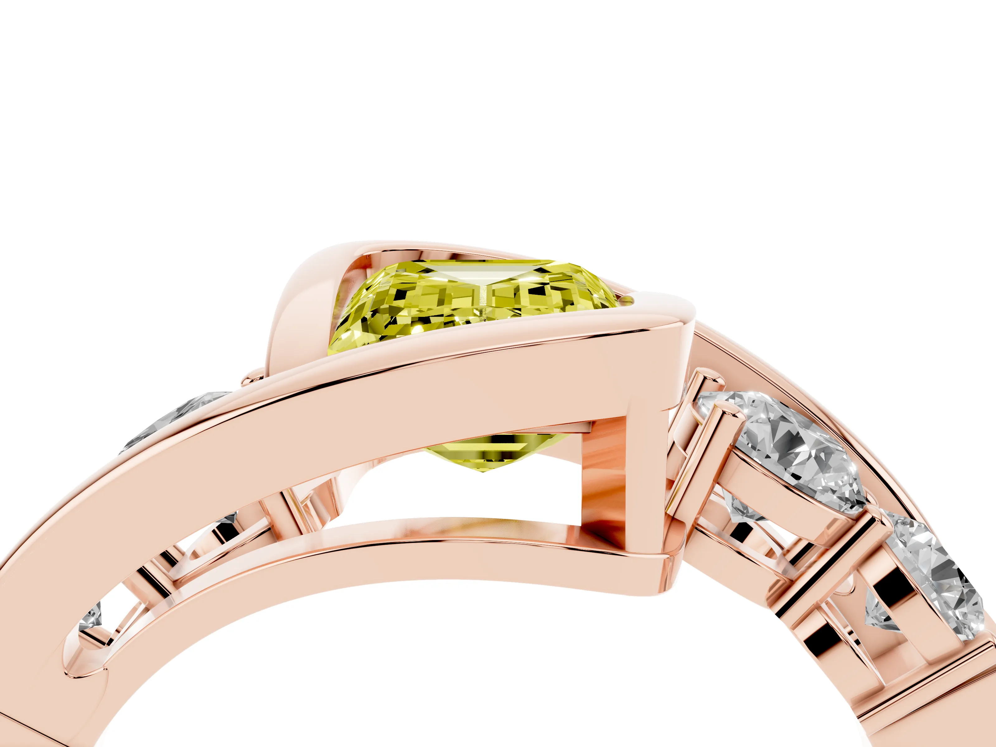 Fancy Yellow Emerald Cut Diamond Bezel Bypass Ring Set in Rose gold with Round Accents