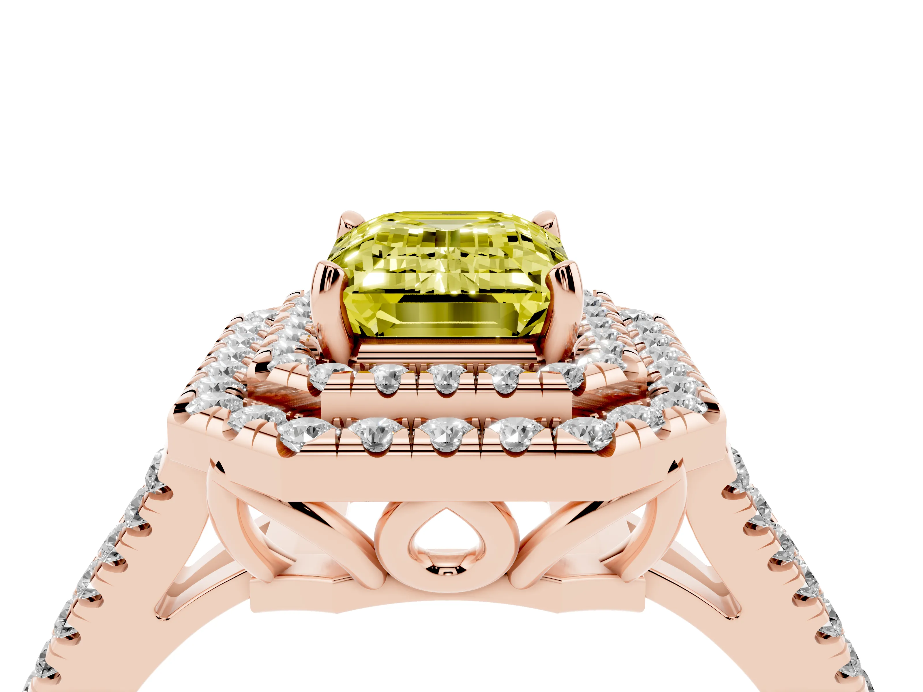 Fancy Yellow Emerald Cut Diamond Double Halo Ring Set in Rose gold with Pavé Band