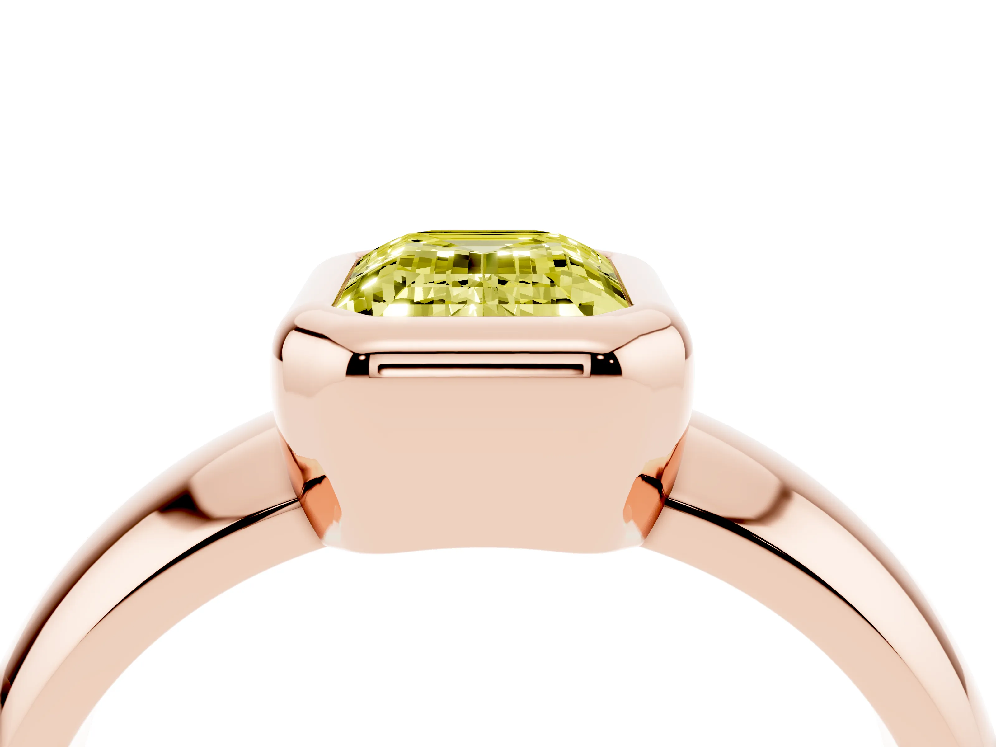 Fancy Yellow Bezel Set Emerald Cut Diamond Solitaire Ring Set in Rose gold with Wide Band