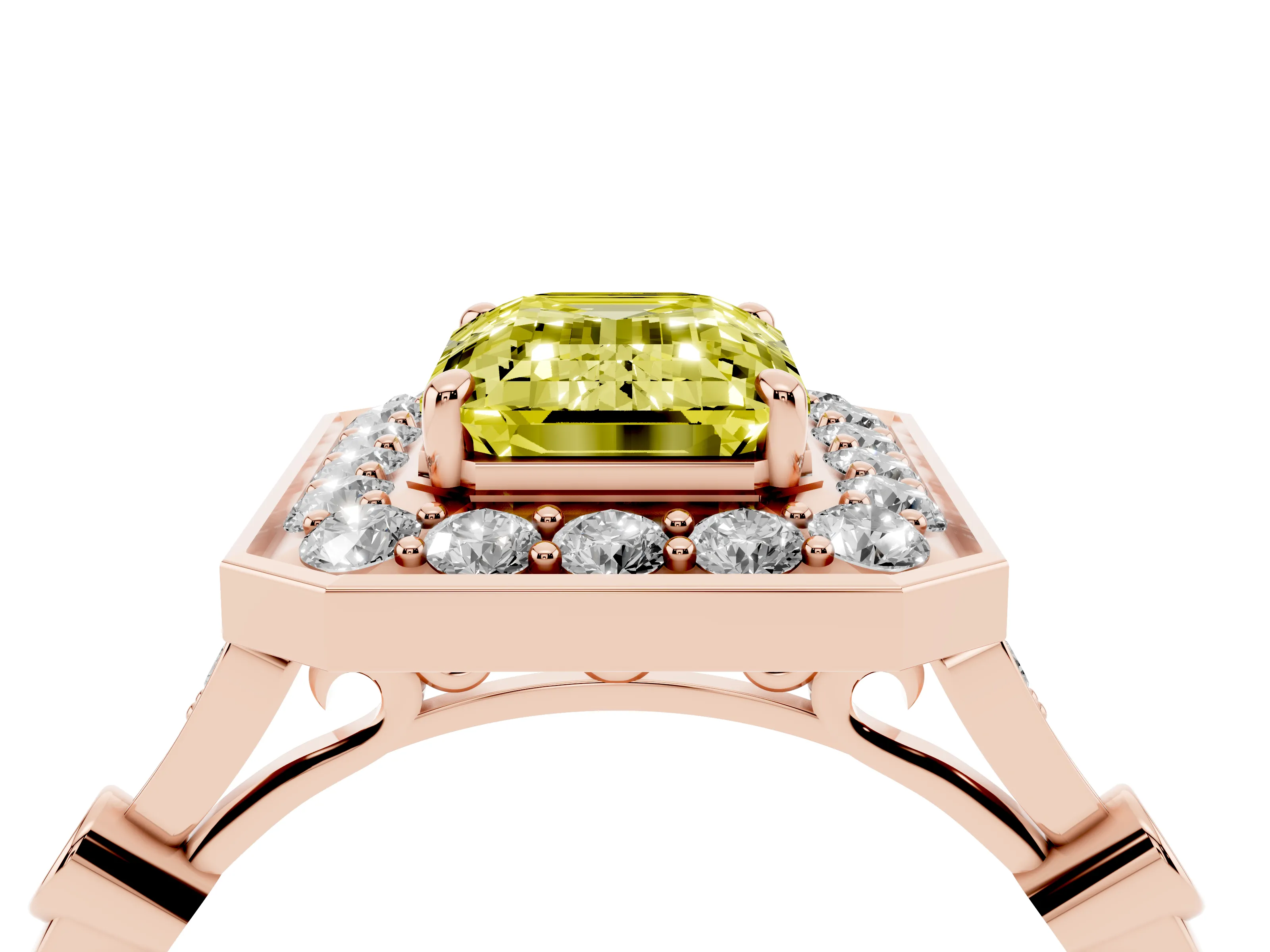 Fancy Yellow Emerald Cut Diamond Halo Engagement Ring Set in Rose gold with Twisted Band and Prong Setting