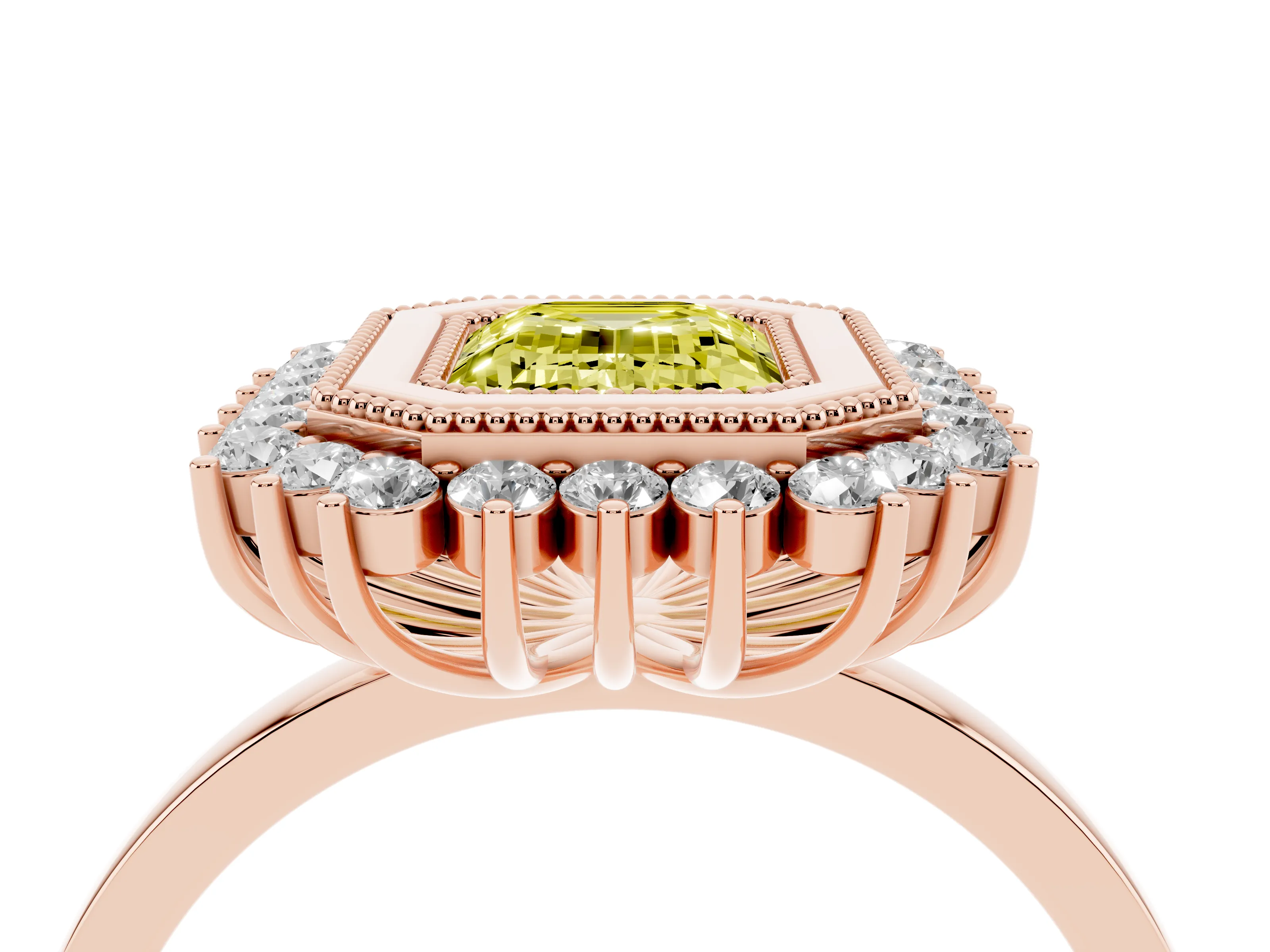 Fancy Yellow Emerald Cut Diamond Halo Ring Set in Rose gold with Milgrain Edge and Round Prong Setting