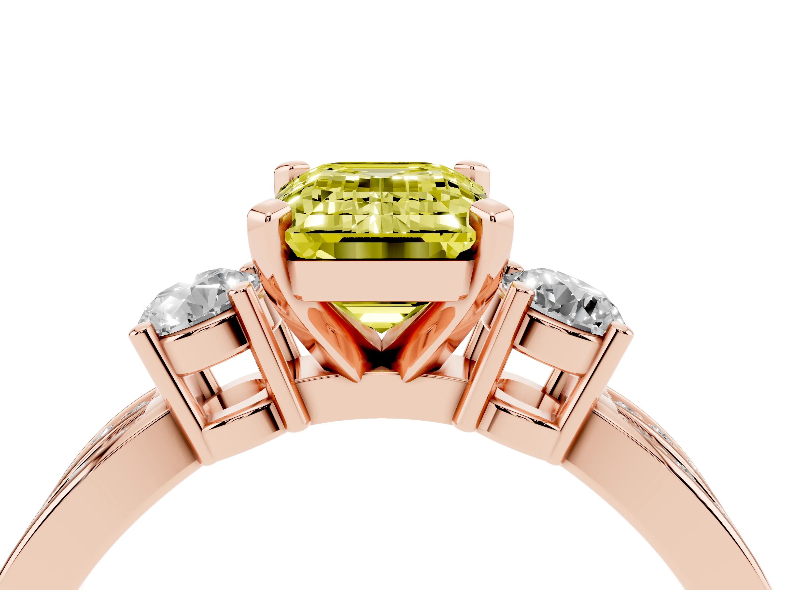 Fancy Yellow Three-Stone Emerald Cut Diamond Twist Band Ring Set in Rose gold with Pavé Accents and Prong Setting