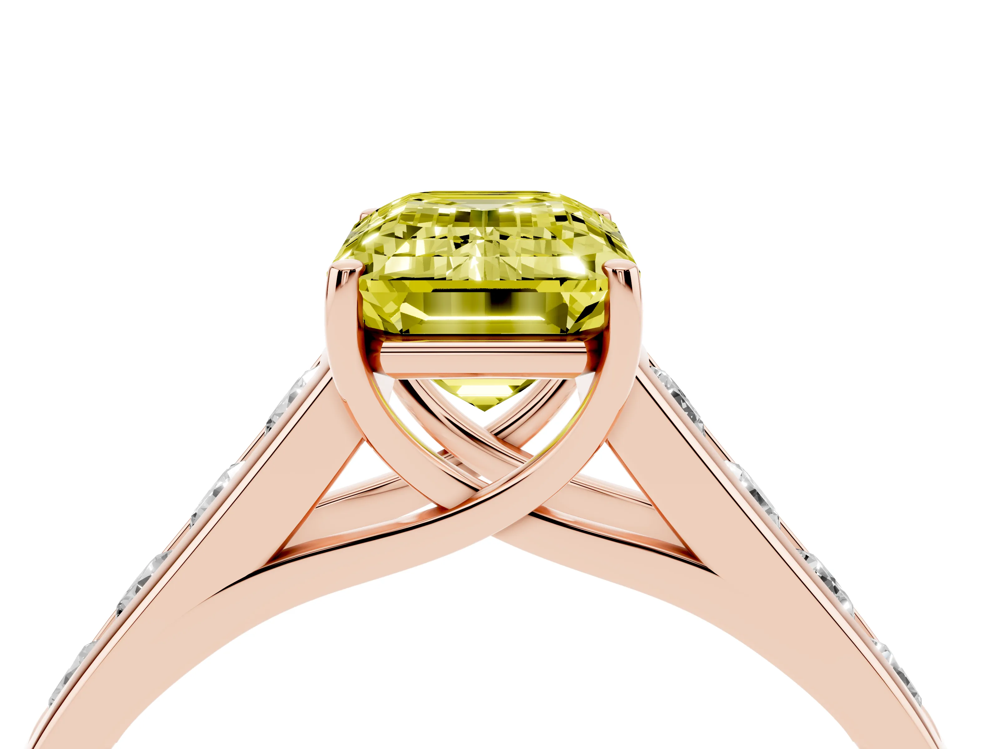 Fancy Yellow Emerald Cut Diamond Solitaire Channel-Set Engagement Ring Set in Rose gold with Prong Setting