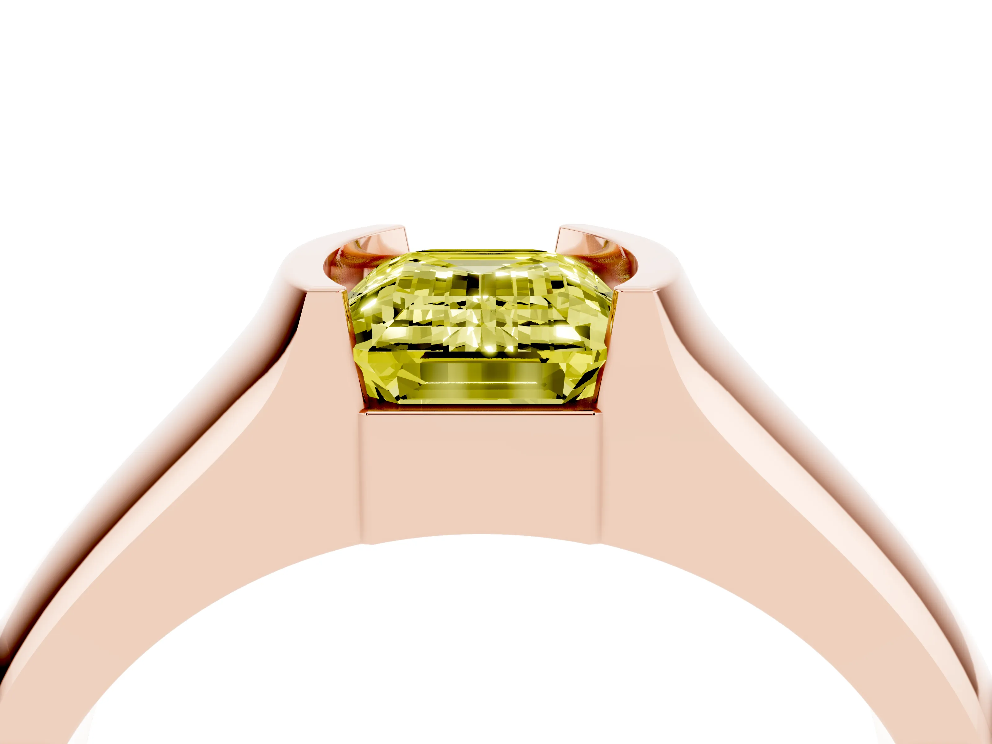 Fancy Yellow Emerald Cut Diamond Bezel Solitaire Ring Set in Rose gold with Wide Band