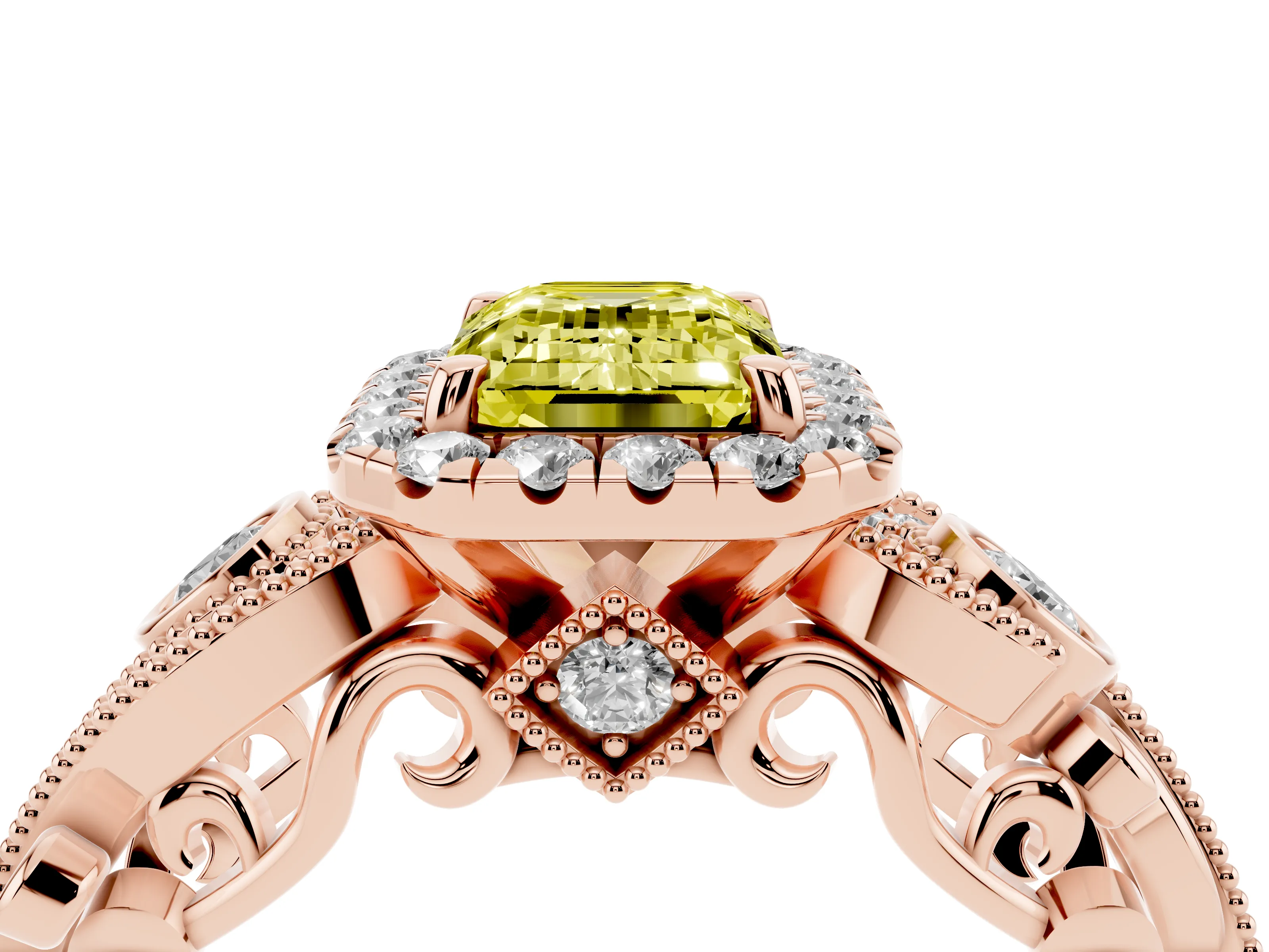 Fancy Yellow Emerald Cut Diamond Halo Ring Set in Rose gold with Milgrain Pavé Band and Prong Setting