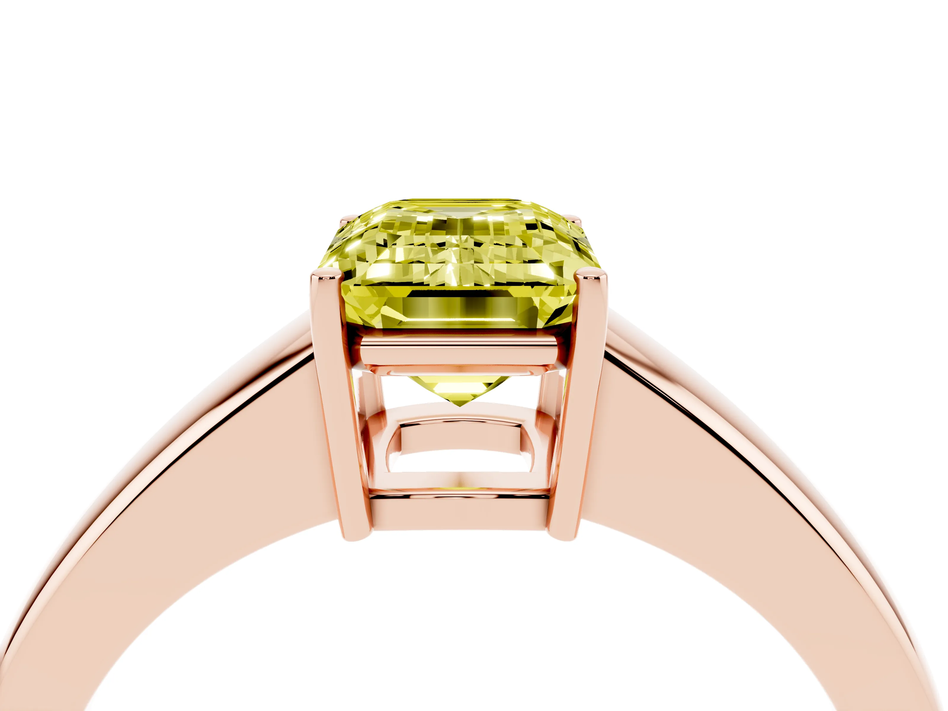 Fancy Yellow Emerald Cut Diamond Solitaire Ring Set in Rose gold with Tapered Band and Prong Setting
