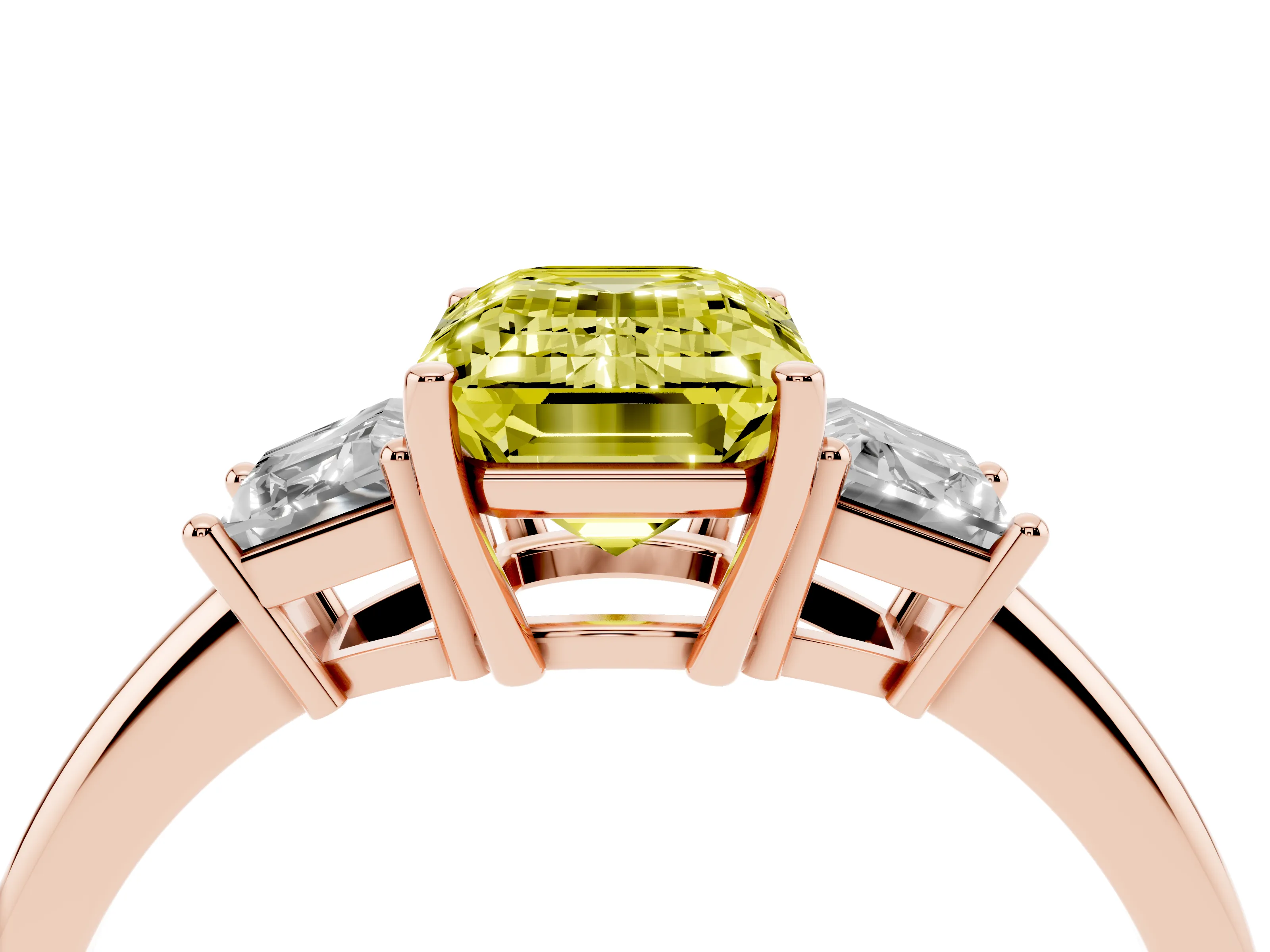 Fancy Yellow Emerald Cut Diamond Three-Stone Ring Set in Rose gold with Trapezoid Side Stones and Prong Setting