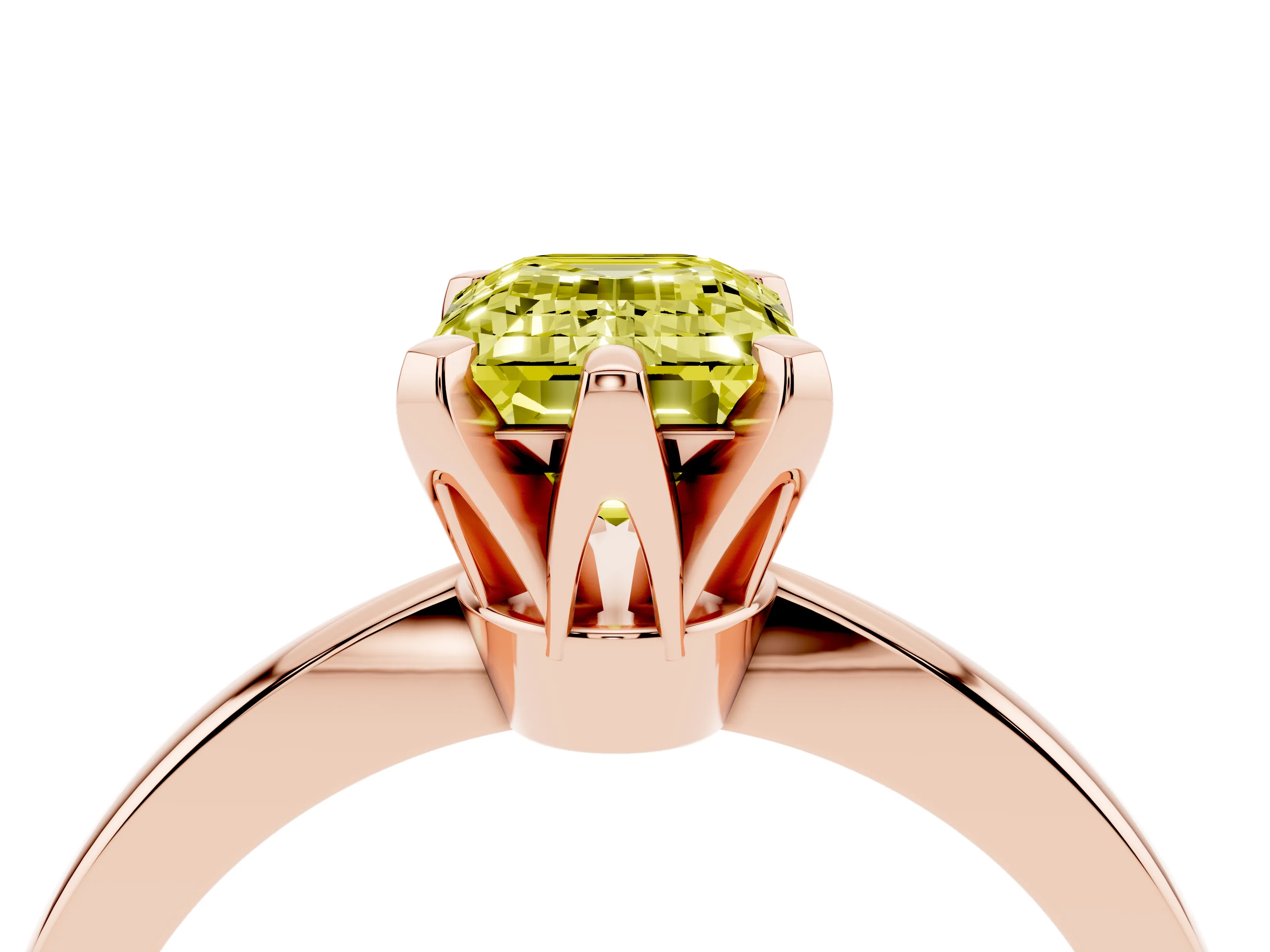 Fancy Yellow Emerald Cut Diamond Solitaire Engagement Ring Set in Rose gold with Slim Tapered Solitaire Band