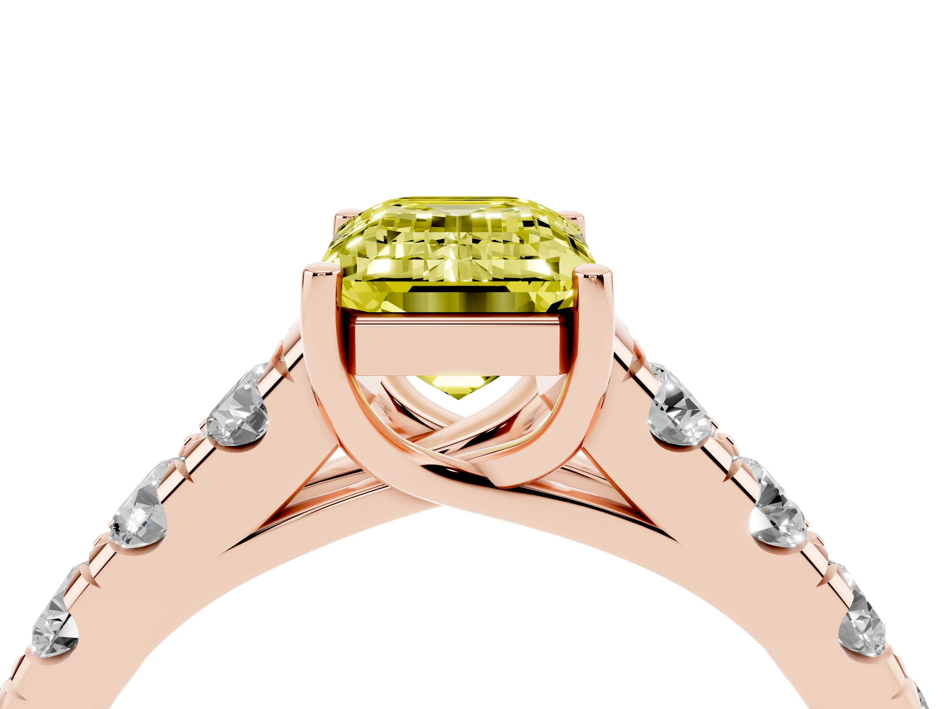 Fancy Yellow Emerald Cut Diamond Solitaire Ring Set in Rose gold with Cut-Down Micro Pavé Band and Prong Setting