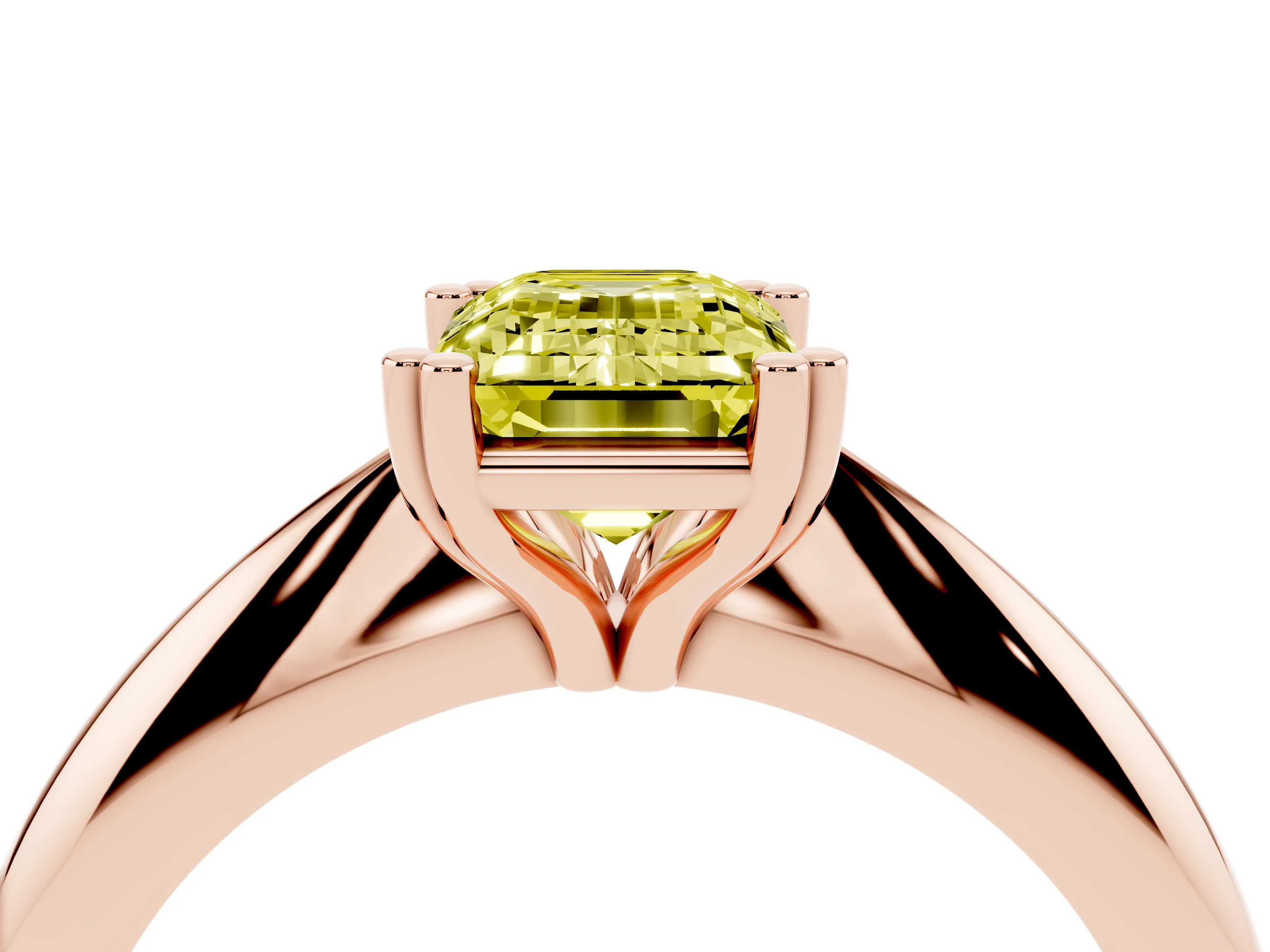 Fancy Yellow Emerald Cut Diamond Solitaire Engagement Ring Set in Rose gold with Tapered Band and Prong Setting
