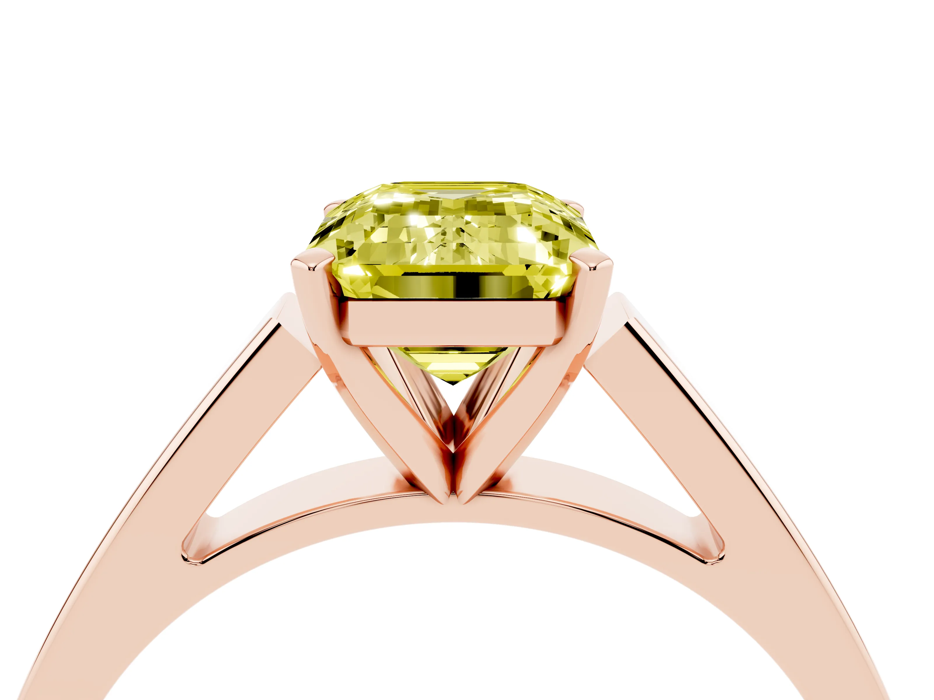Fancy Yellow Emerald Cut Diamond Solitaire Engagement Ring Set in Rose gold with Prong Setting and Tapered Band
