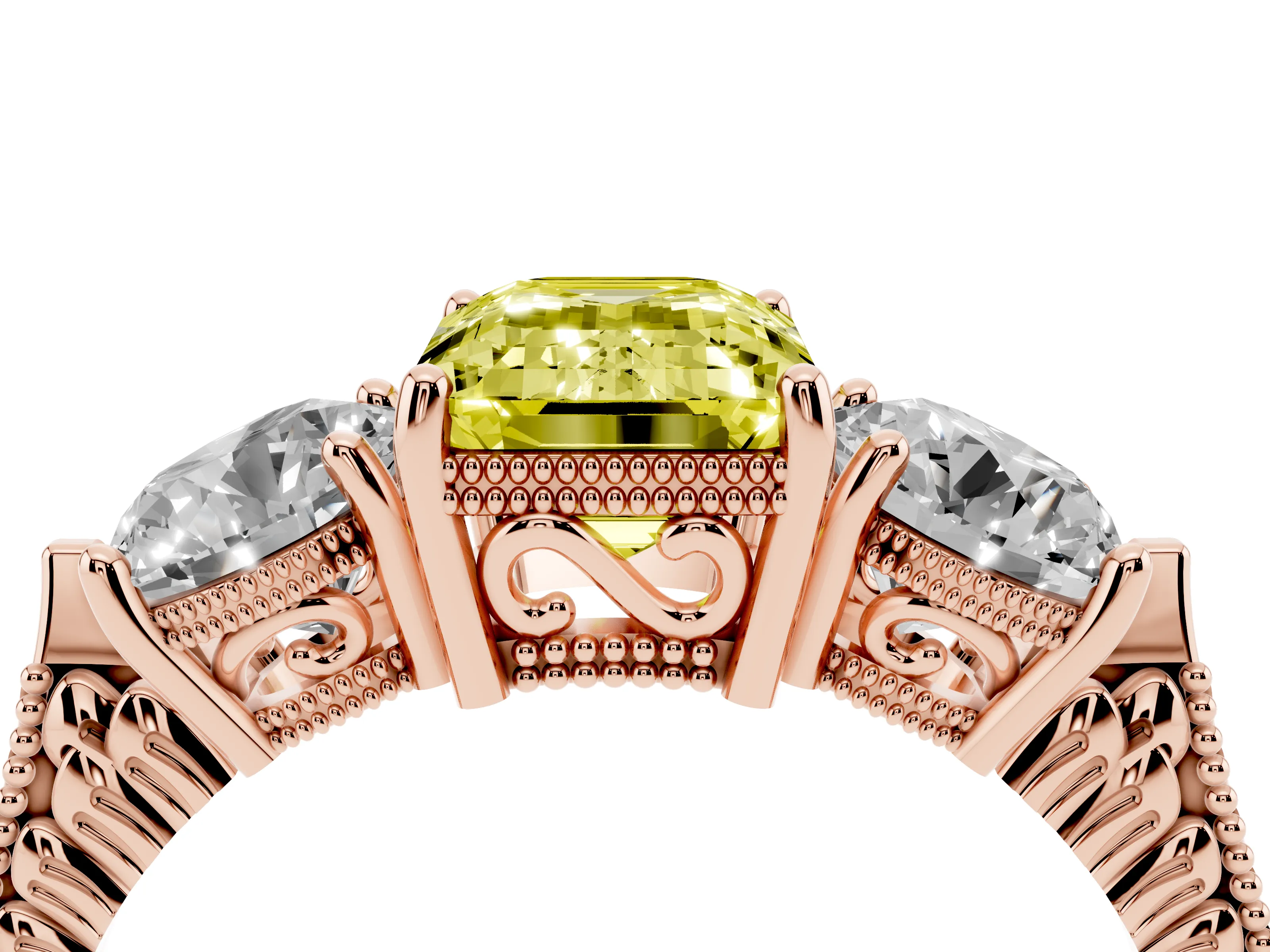 Fancy Yellow Emerald Cut Diamond Three-Stone Ring Set in Rose gold with Milgrain Band