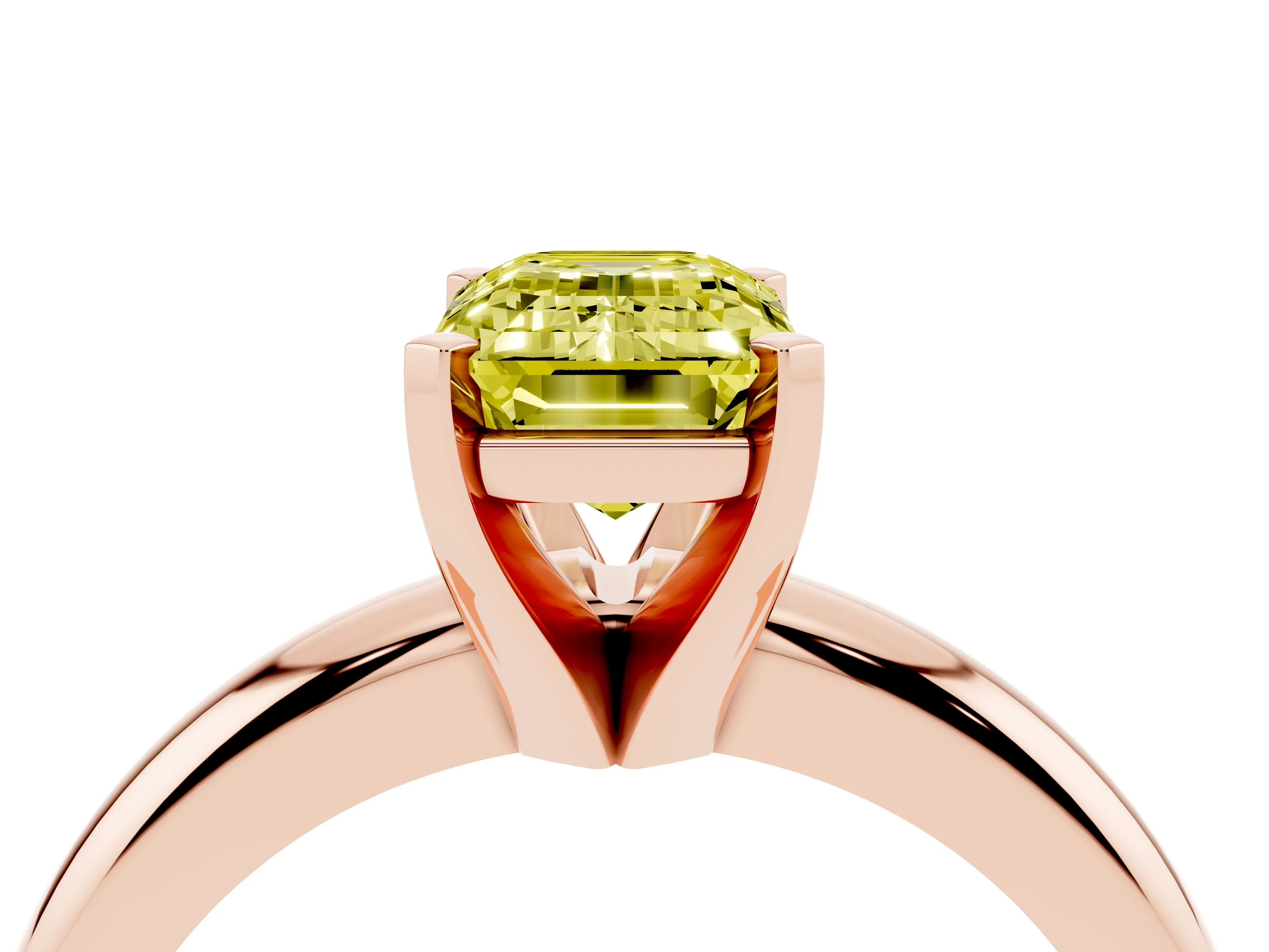 Fancy Yellow Emerald Cut Diamond Solitaire Engagement Ring Set in Rose gold with Round Band and Prong Setting