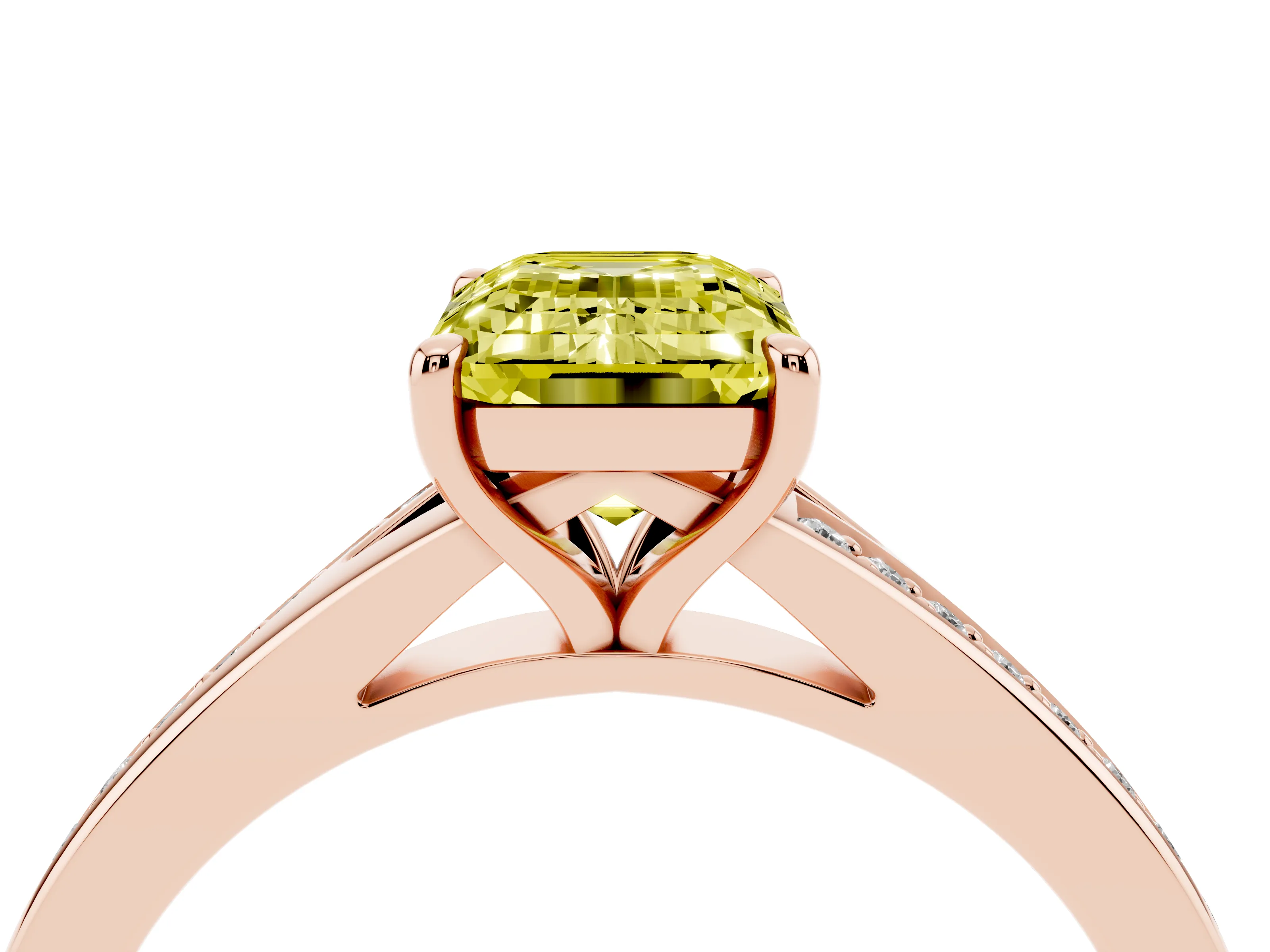 Fancy Yellow Emerald Cut Diamond Solitaire Ring Set in Rose gold with Pavé Accent Band and Classic Prong Setting
