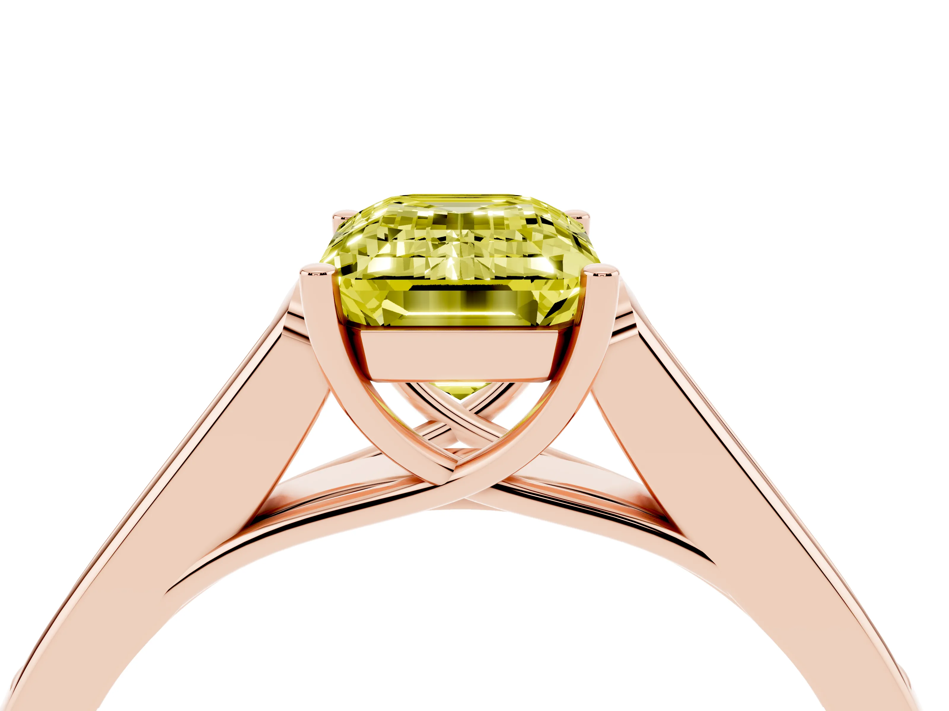 Fancy Yellow Emerald Cut Diamond Solitaire Cathedral Engagement Ring Set in Rose gold with Channel-Set Band and Prong Setting