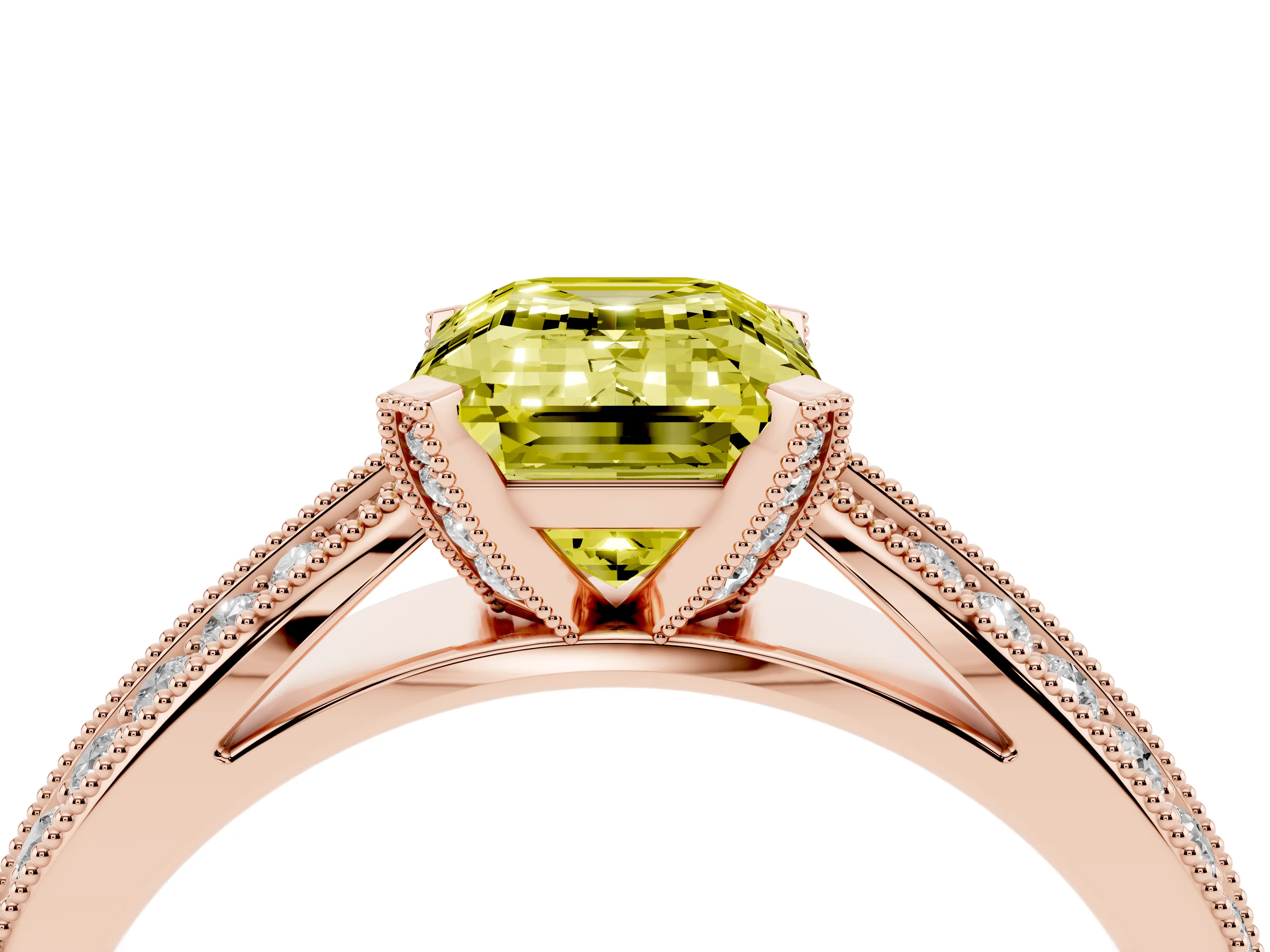 Fancy Yellow Emerald Cut Diamond Solitaire Ring Set in Rose gold with Milgrain Double Row Round Pavé Band