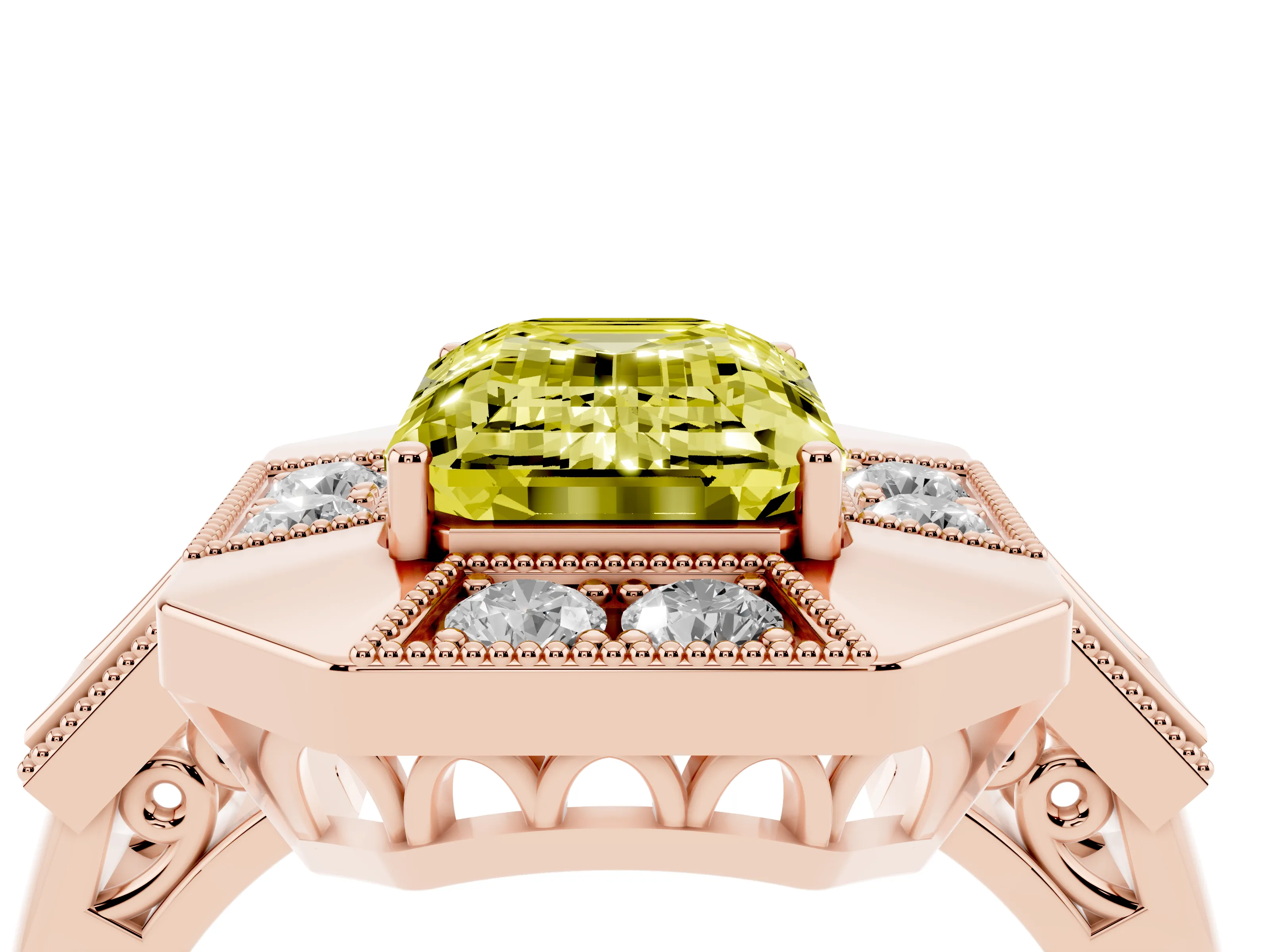 Fancy Yellow Emerald Cut Diamond Milgrain Halo Ring Set in Rose gold with Split Shank