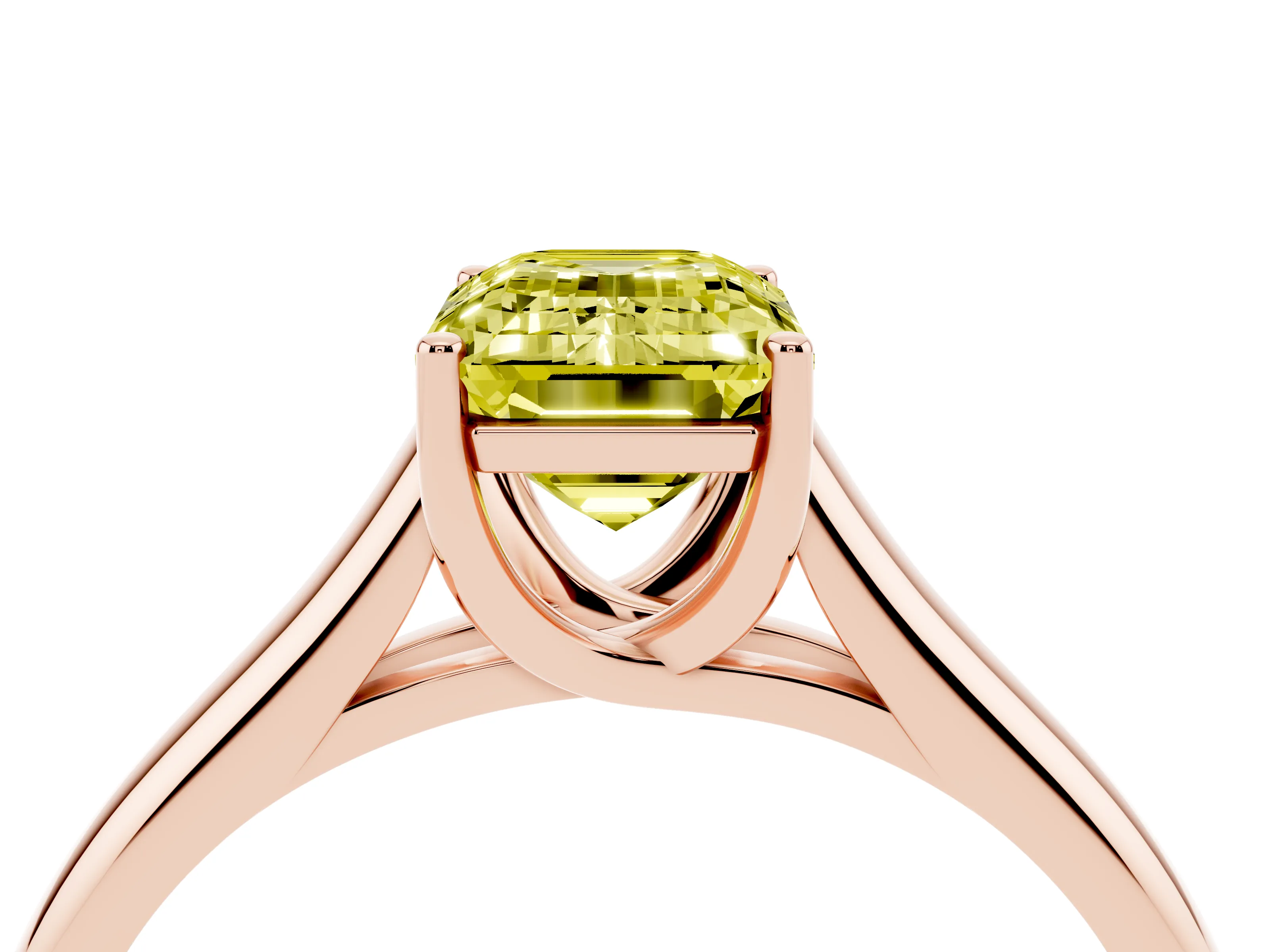 Fancy Yellow Emerald Cut Diamond Solitaire Engagement Ring Set in Rose gold with Subtly Tapered Band and Prong Setting