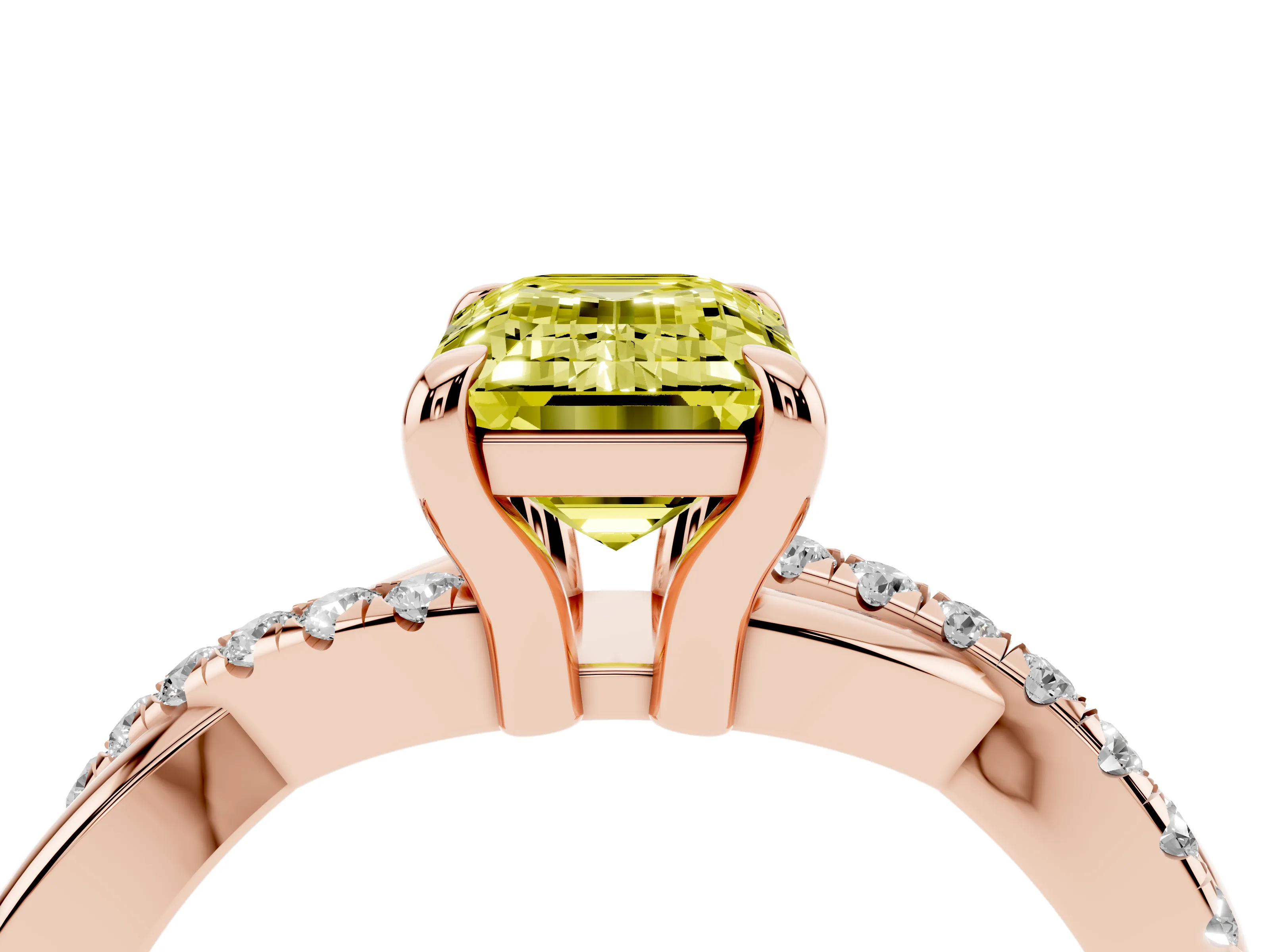 Fancy Yellow Emerald Cut Diamond Twist Band Pavé Solitaire Ring Set in Rose gold with Prong Setting