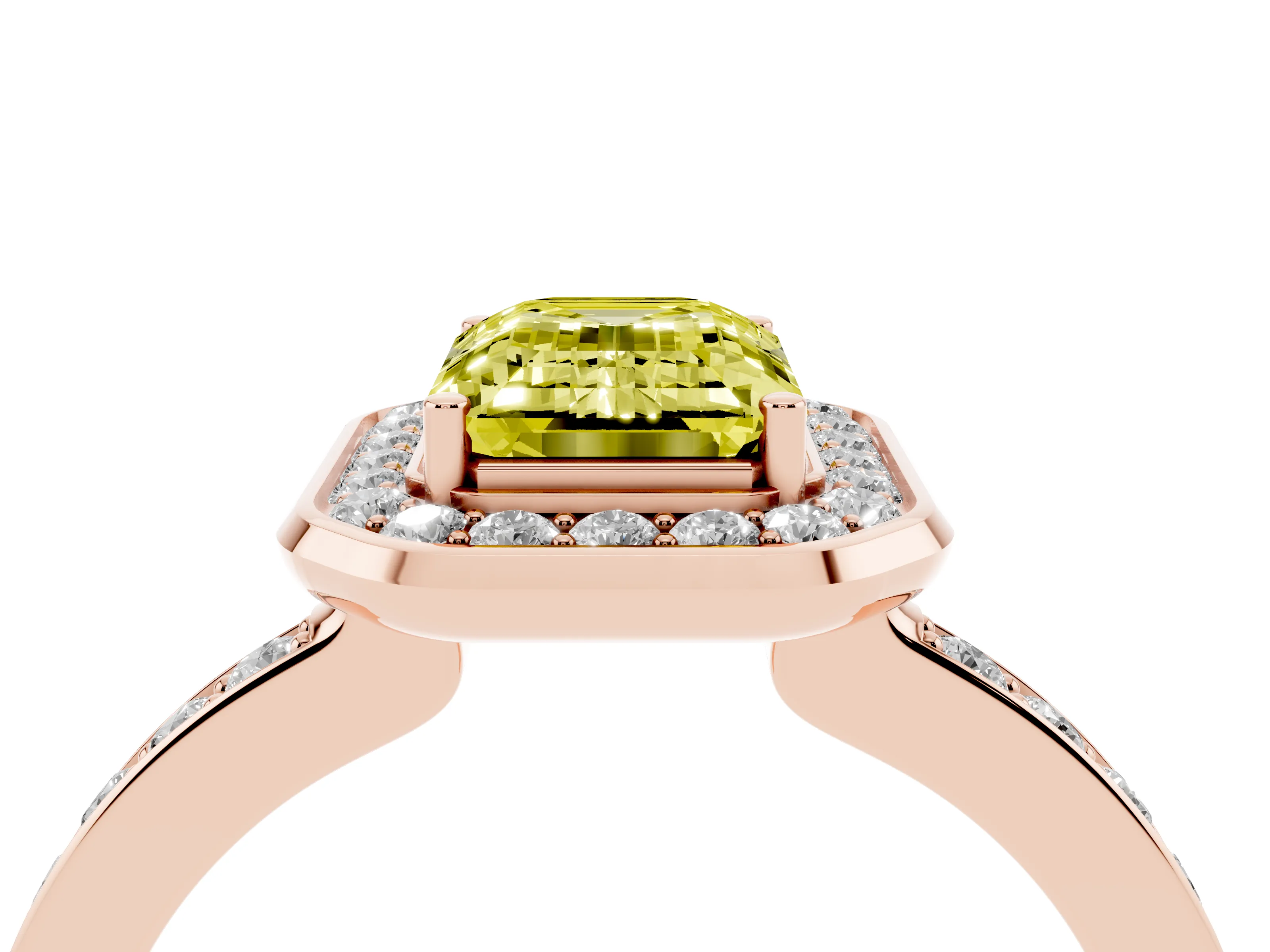 Fancy Yellow Emerald Cut Diamond Halo Ring Set in Rose gold with Bezel Frame and Pavé Band