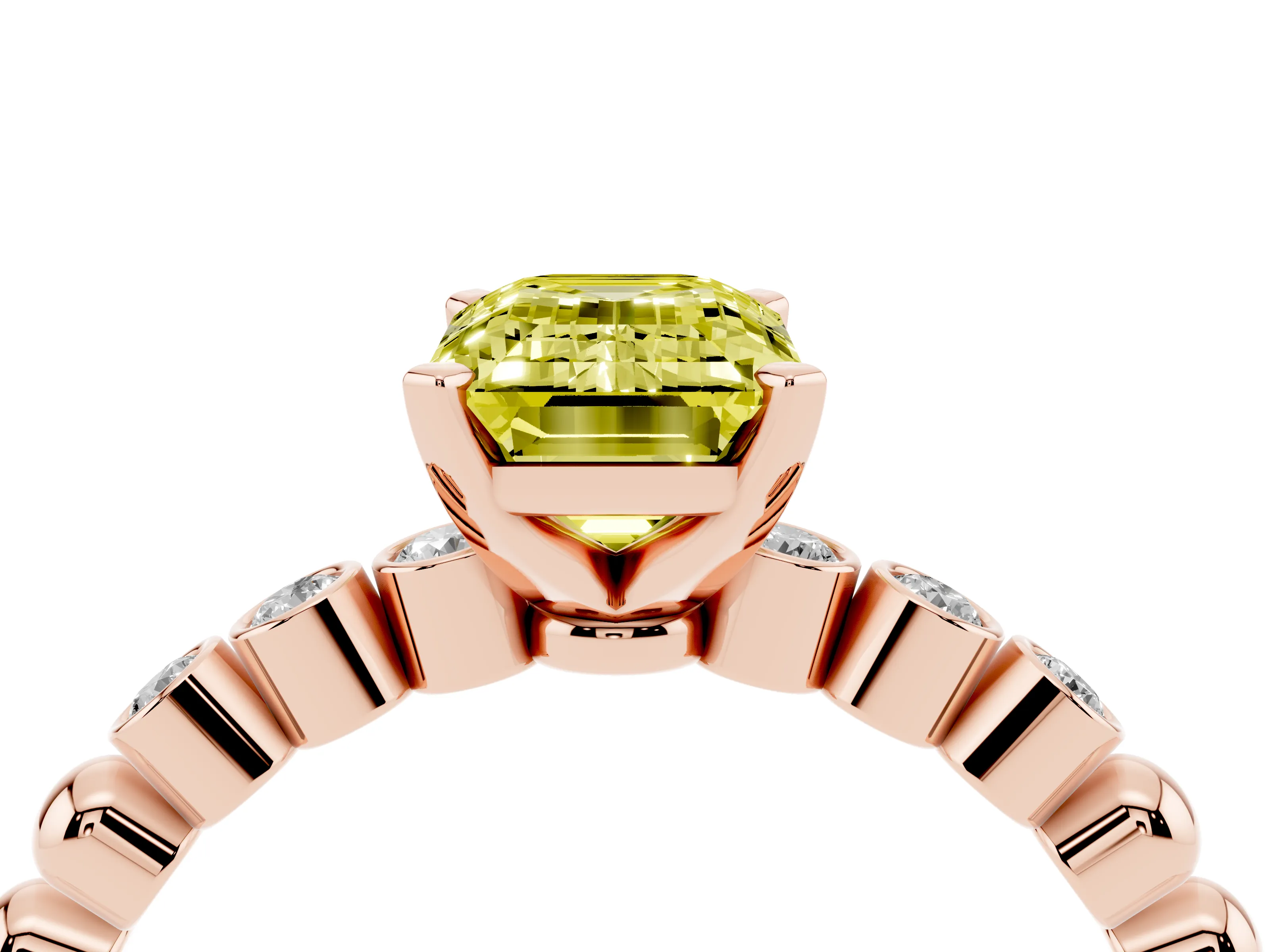 Fancy Yellow Emerald Cut Diamond Solitaire Engagement Ring Set in Rose gold with Bezel Accents on Beaded Band