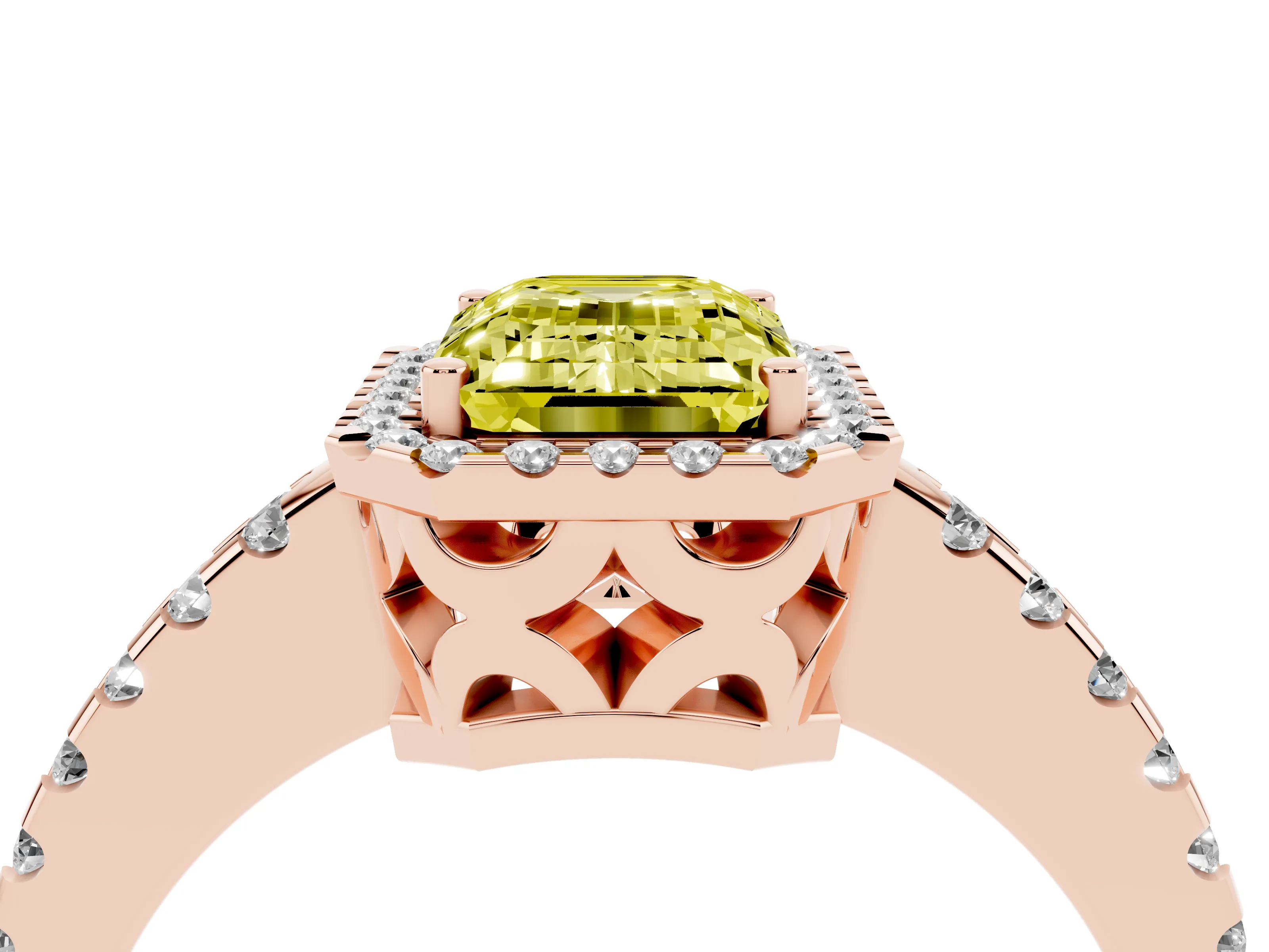 Fancy Yellow Emerald Cut Diamond Halo Ring Set in Rose gold with Pavé Shoulders and Halo-Framed Center