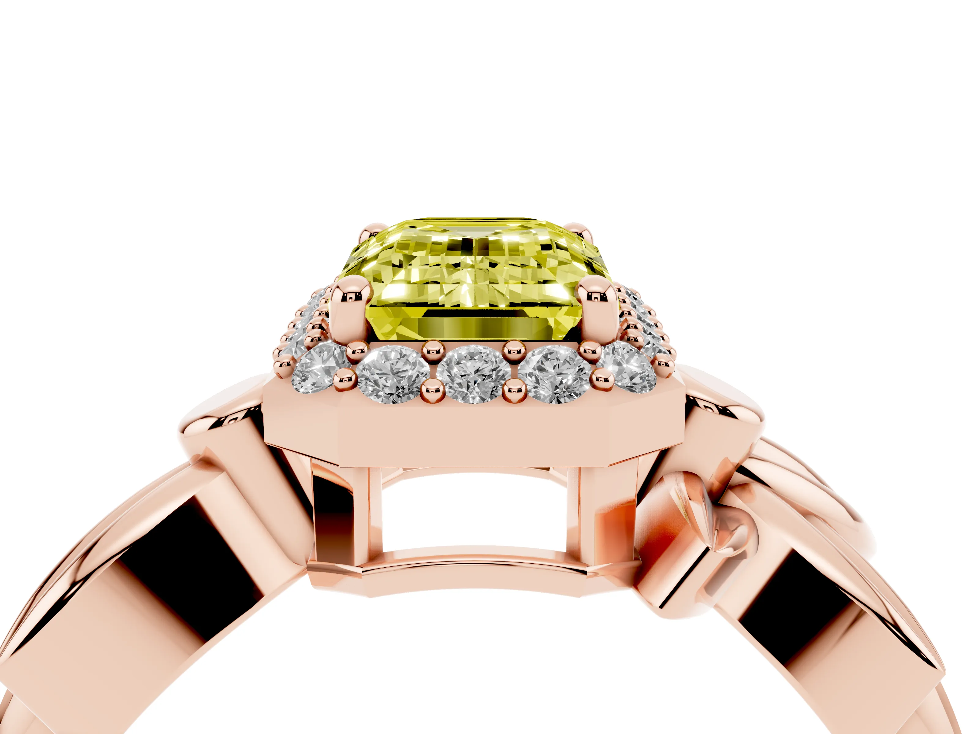Fancy Yellow Emerald Cut Diamond Halo Floral Band Ring Set in Rose gold with Prong Setting