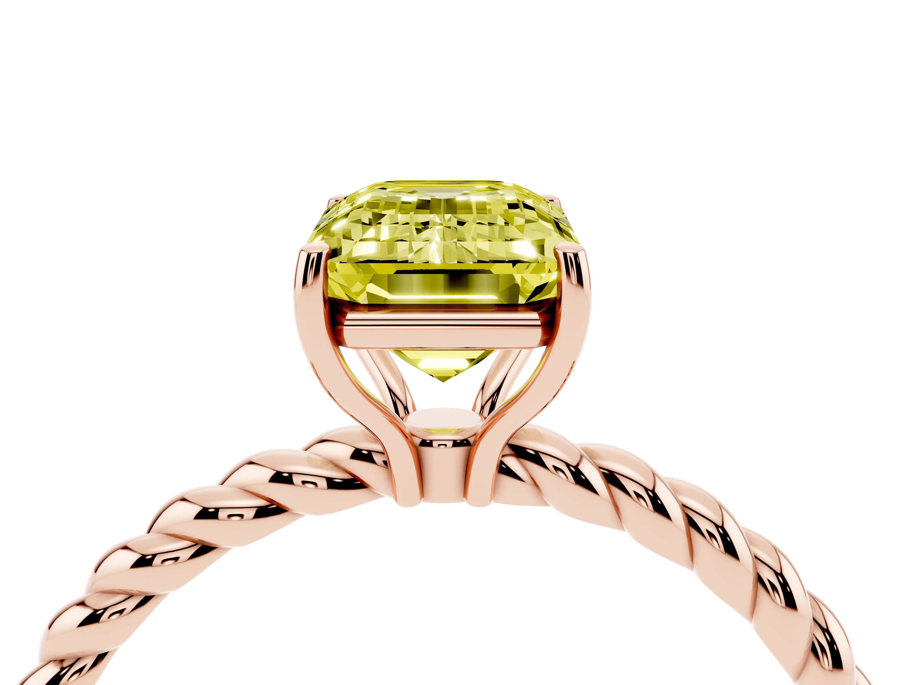 Fancy Yellow Emerald Cut Diamond Solitaire Ring Set in Rose gold with Twist Band and Prong Setting