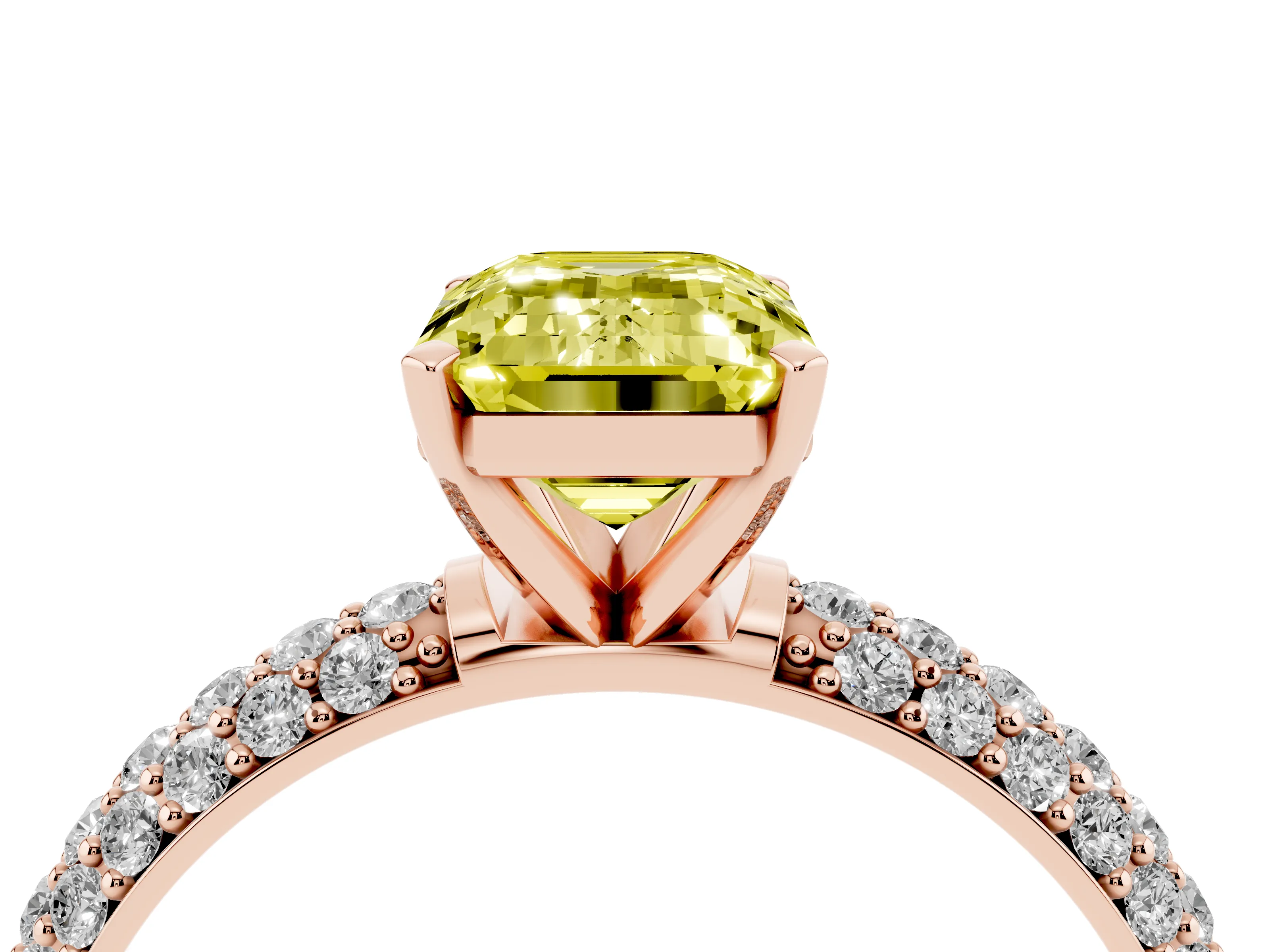 Fancy Yellow Emerald Cut Diamond Solitaire Ring Set in Rose gold with Prong Setting and Pavé-Set Band