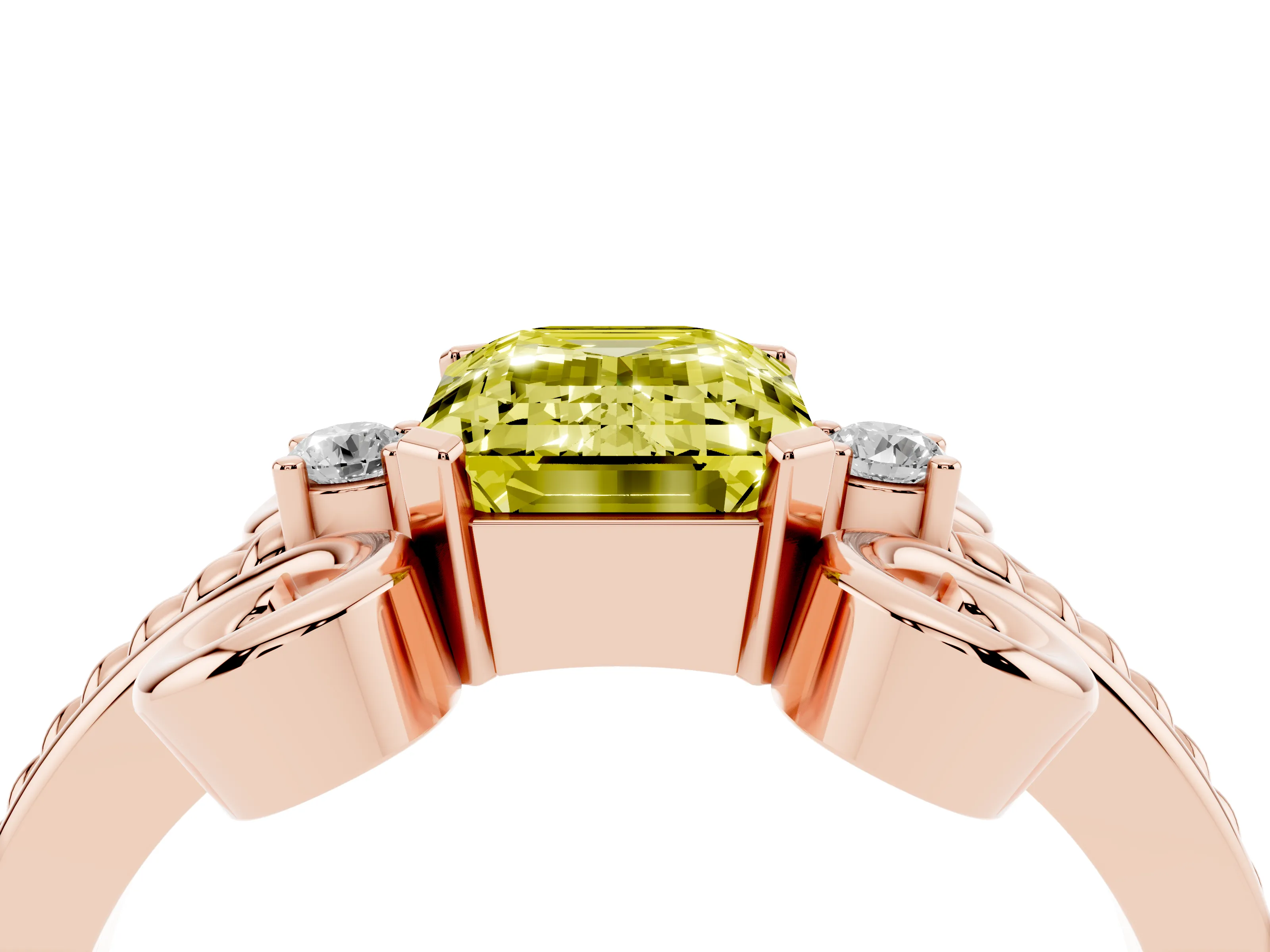 Fancy Yellow Emerald Cut Diamond Twisted Band Solitaire Ring Set in Rose gold with Scroll Prongs