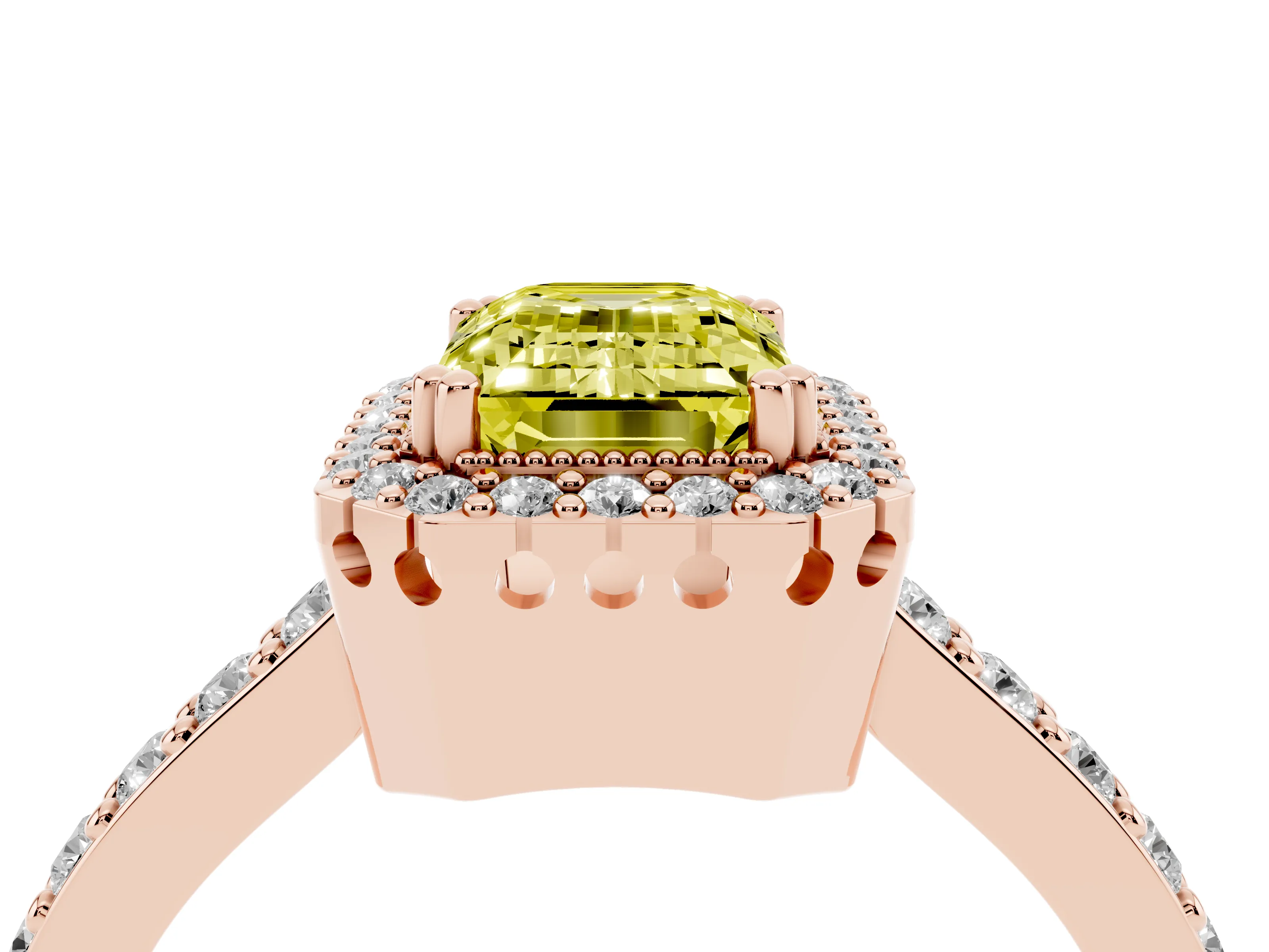 Fancy Yellow Emerald Cut Diamond Halo Engagement Ring Set in Rose gold with Milgrain Detail and Pavé Band