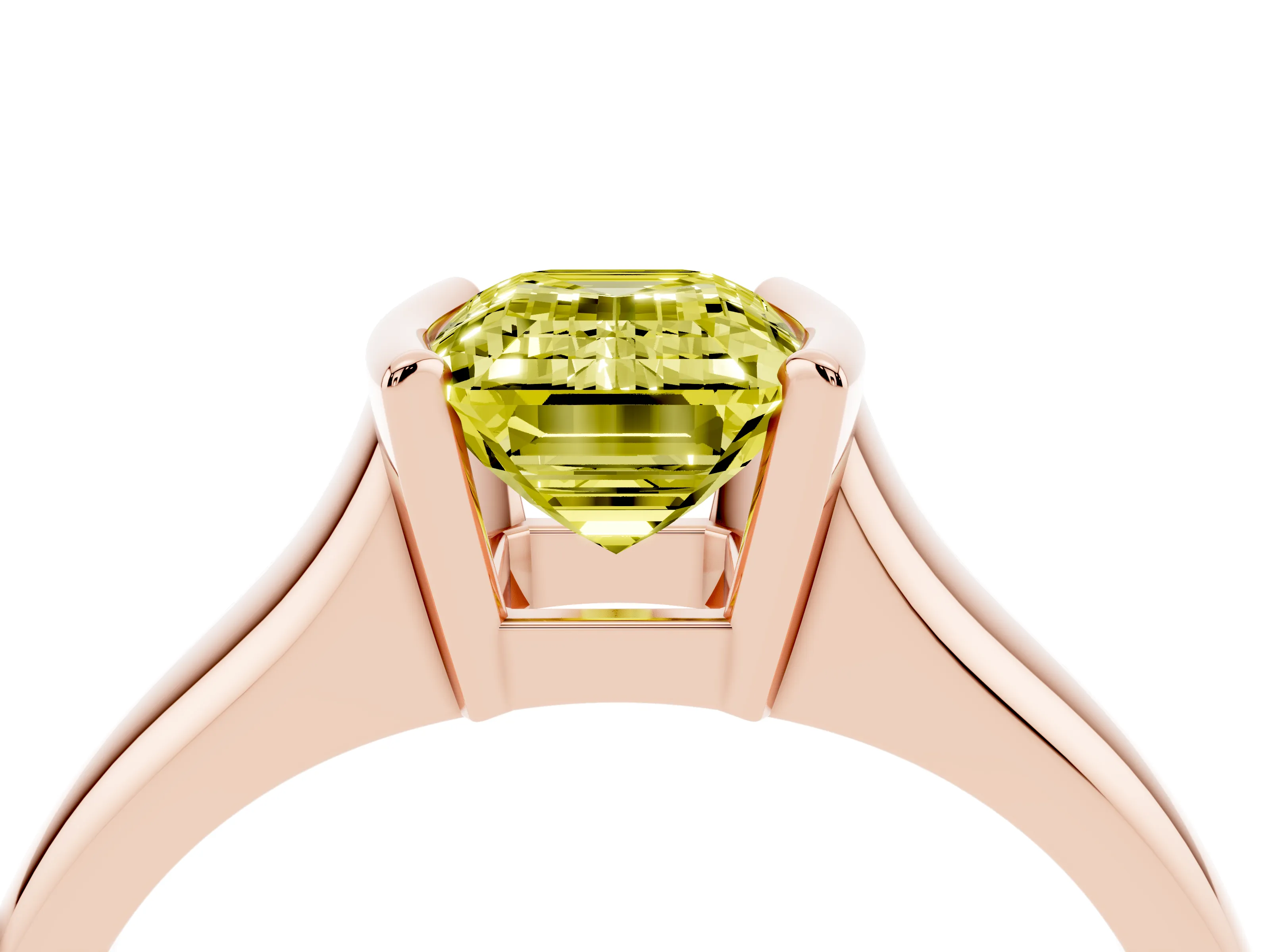 Fancy Yellow Emerald Cut Diamond Solitaire Tension Set Ring Set in Rose gold with Split Shank Band