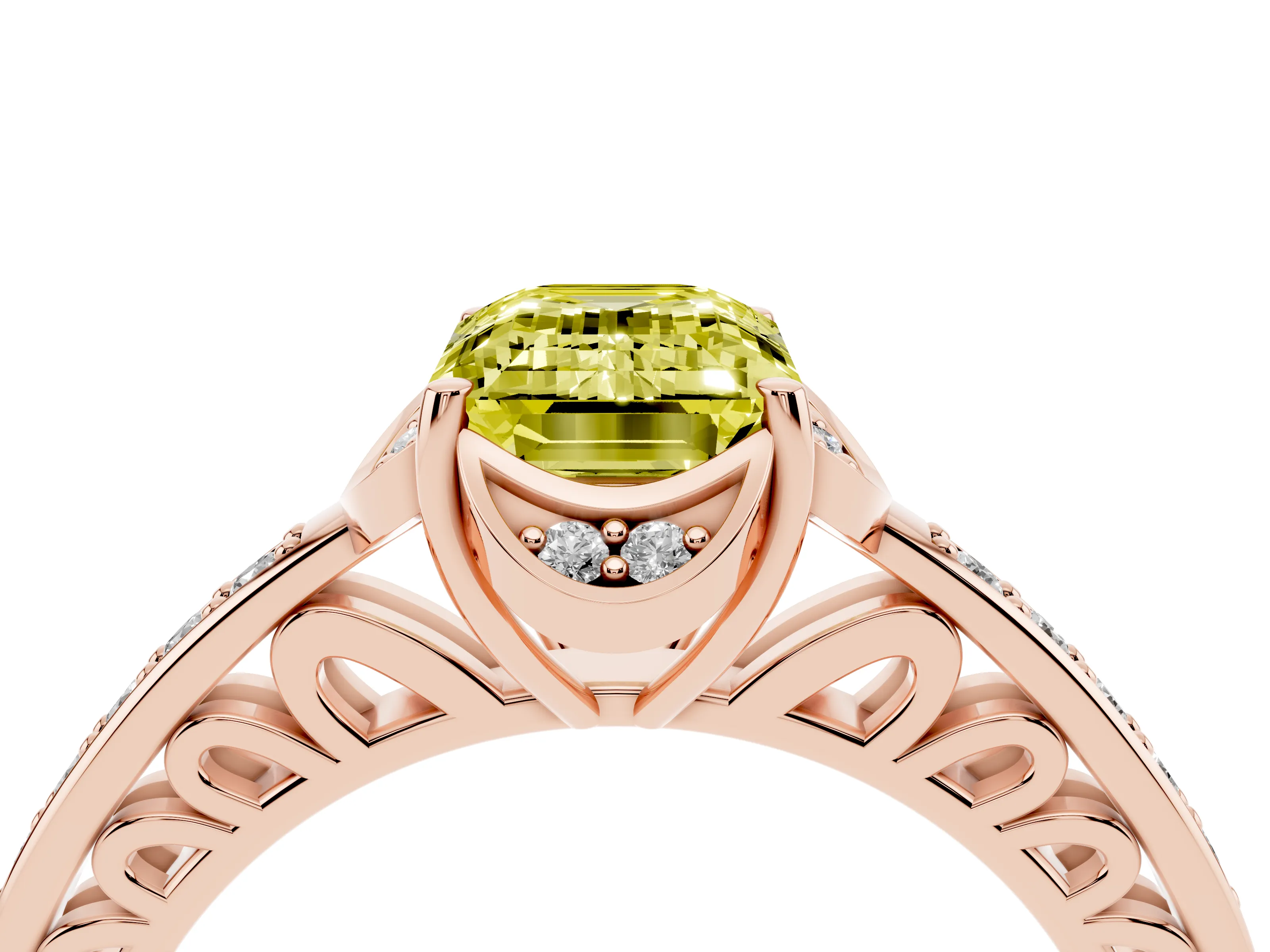 Fancy Yellow Emerald Cut Diamond Halo Ring Set in Rose gold with Channel Set Band and Prong Setting