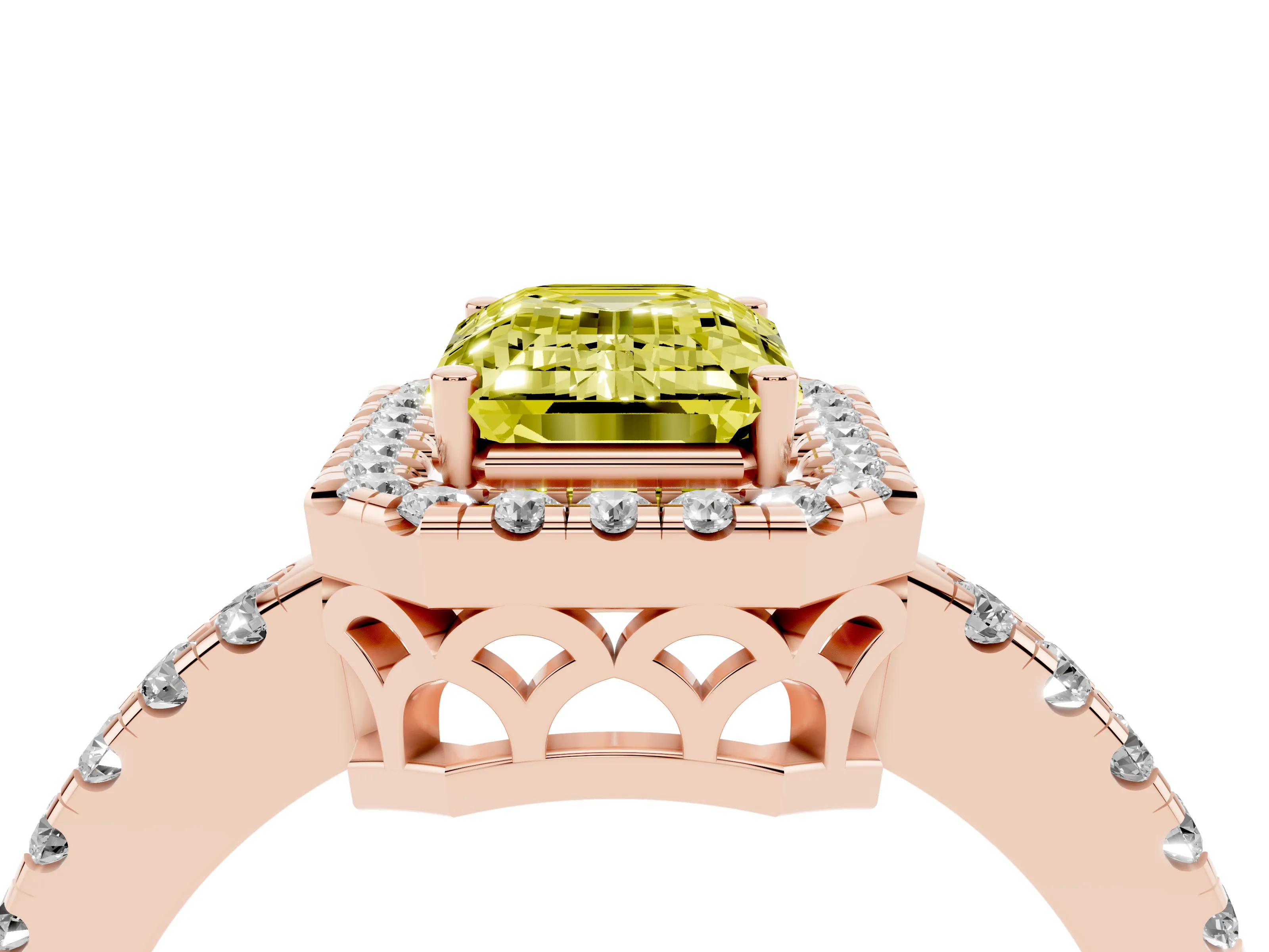 Fancy Yellow Emerald Cut Diamond Pavé Band Halo Engagement Ring Set in Rose gold with Prong Setting