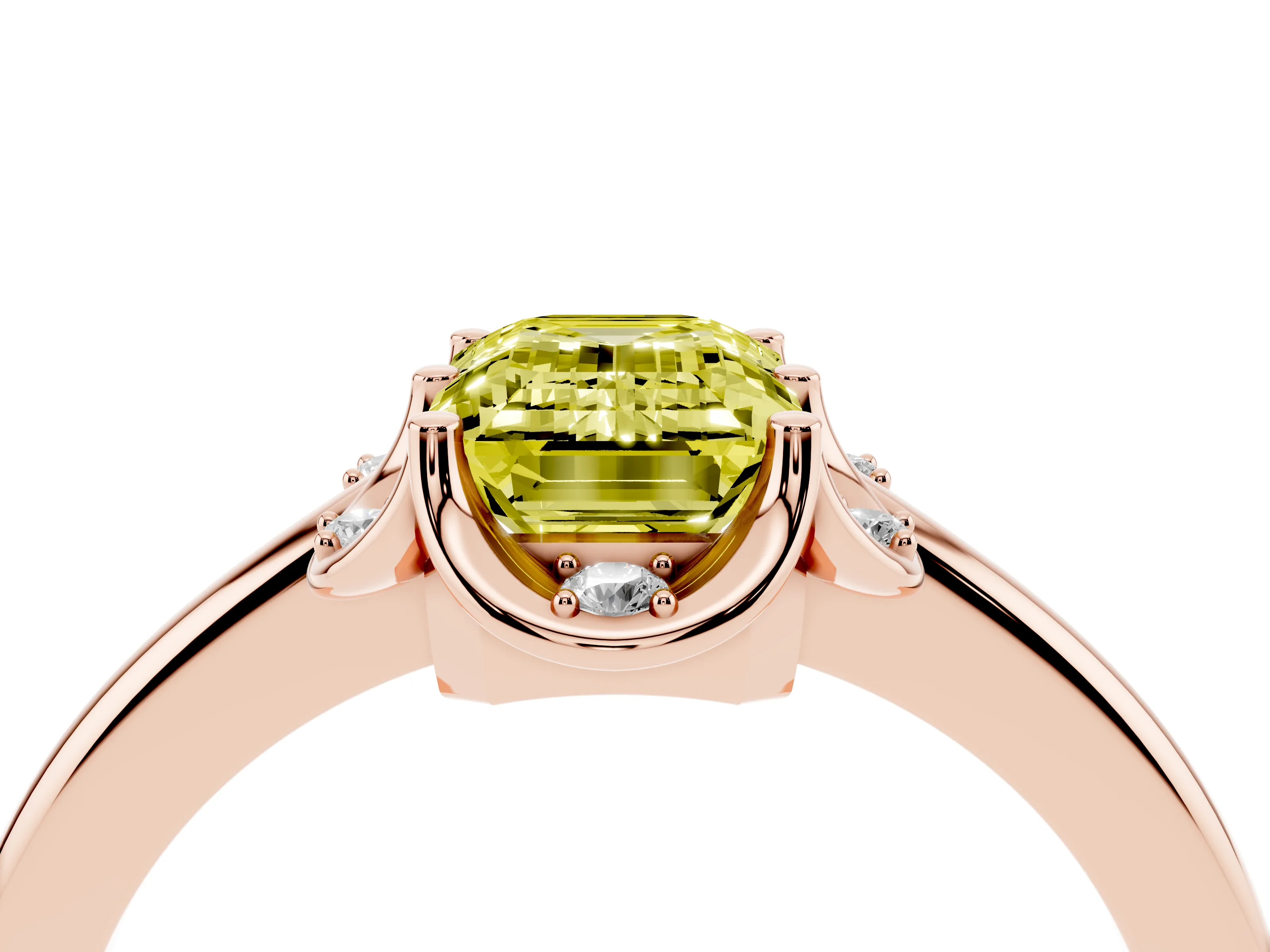 Fancy Yellow Emerald Cut Diamond Round Cluster Halo Ring Set in Rose gold with Solitaire Band and Prong Setting